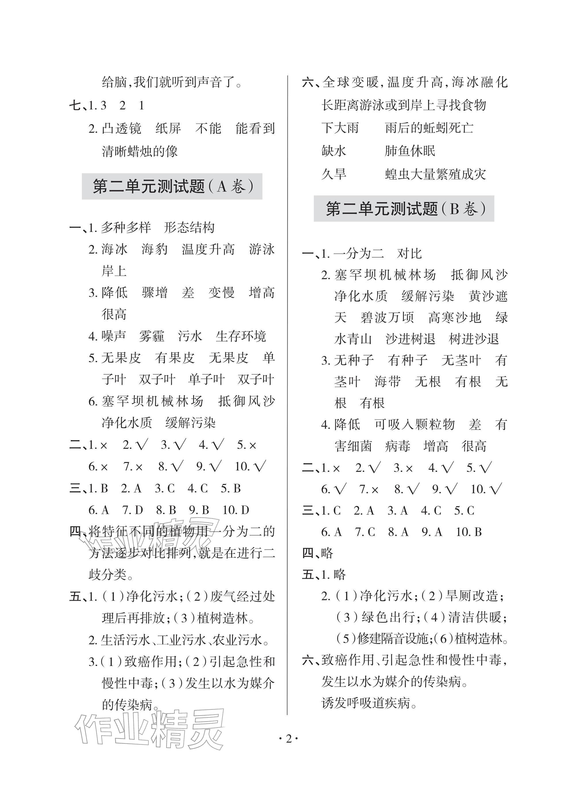 2026年单元自测试卷青岛出版社六年级科学下册青岛版&nbsp;参考答案第2页