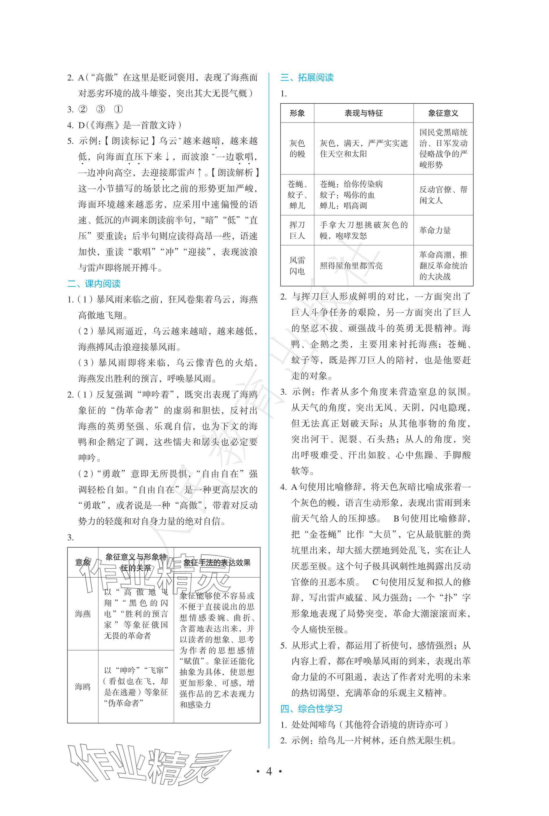 2025年人教金學(xué)典同步練習(xí)冊(cè)同步解析與測(cè)評(píng)九年級(jí)語文下冊(cè)人教版精編版 參考答案第4頁
