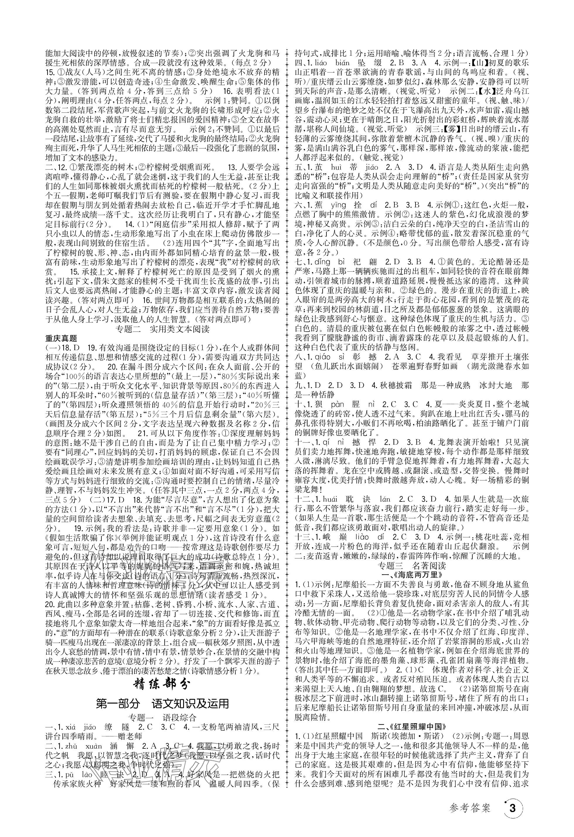 2024年渝行初中總復(fù)習語文重慶專版 參考答案第3頁