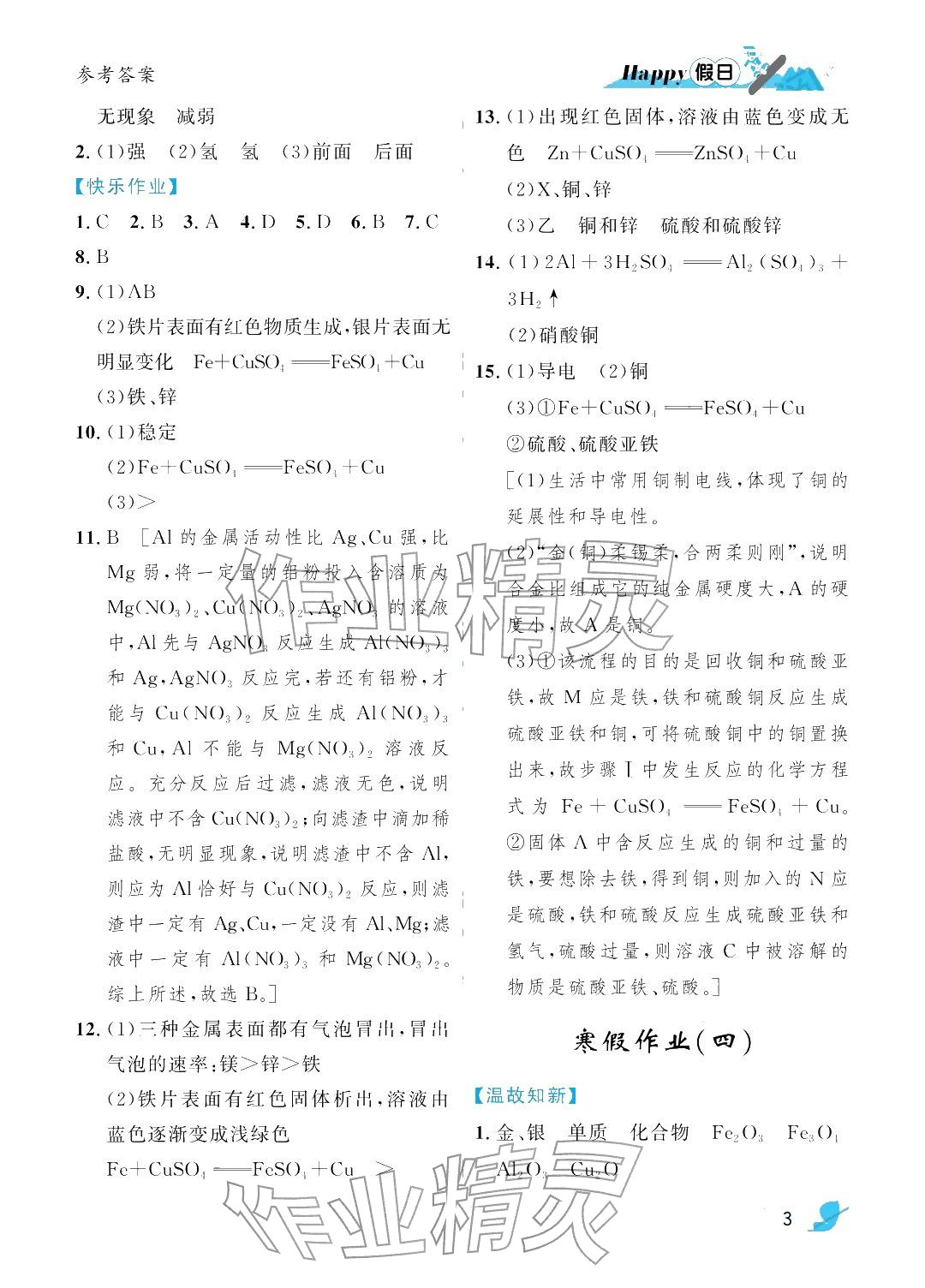 2026年寒假Happy假日九年级化学通用版&nbsp;参考答案第3页