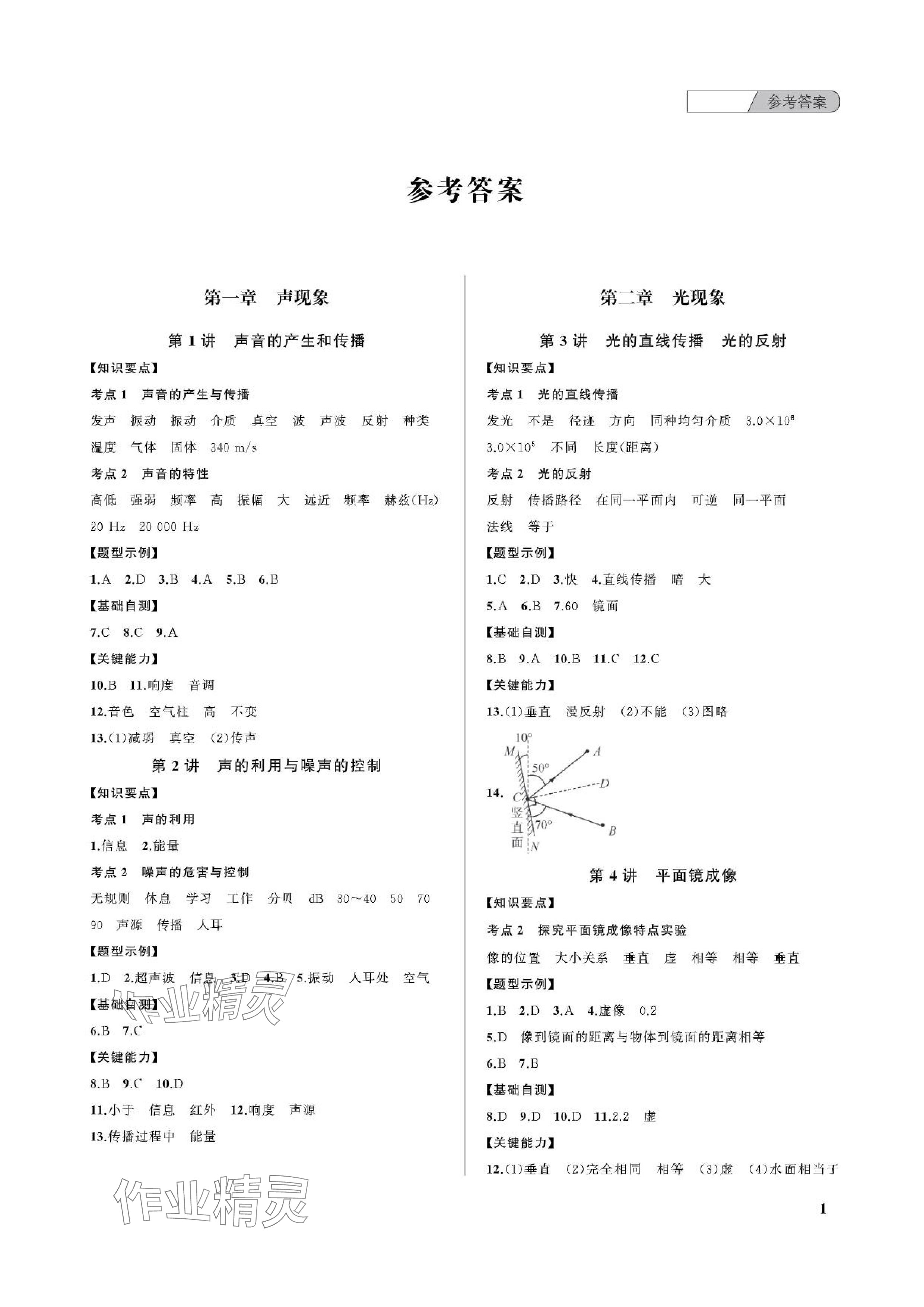 2024年中考總復(fù)習(xí)武漢出版社物理中考人教版 參考答案第1頁(yè)