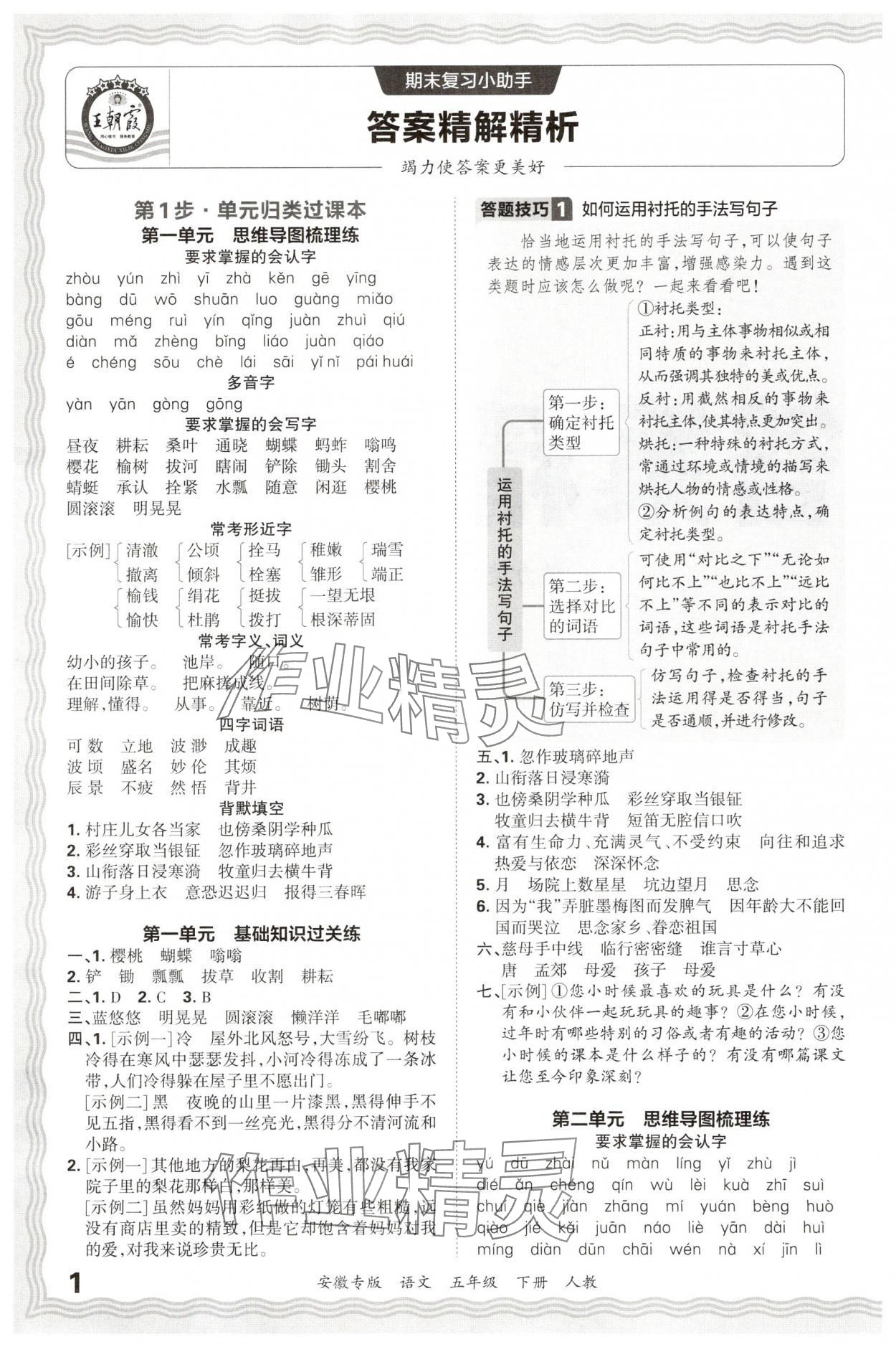 2025年王朝霞期末試卷研究五年級語文下冊人教版安徽專版 參考答案第1頁