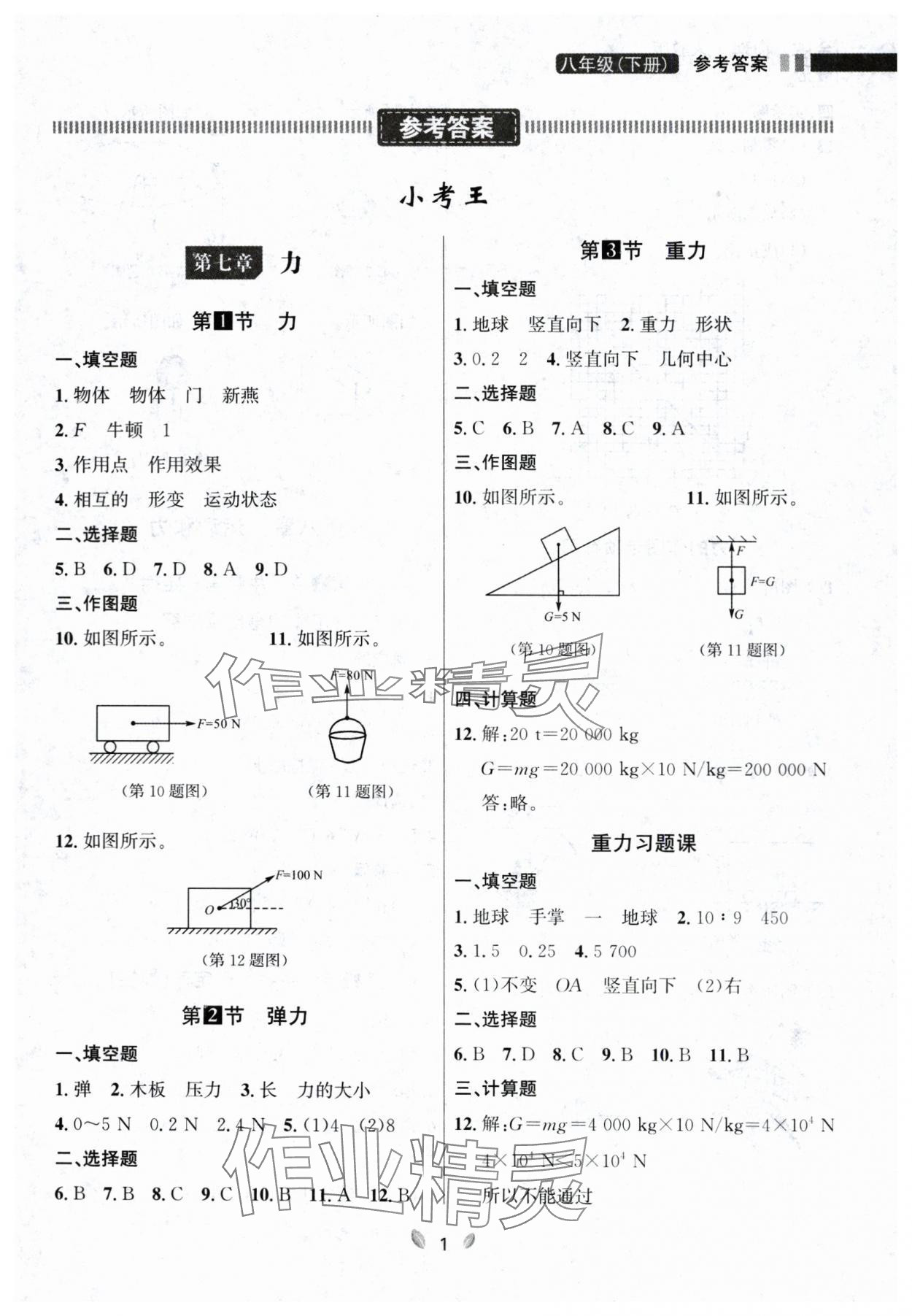 2024年点石成金金牌夺冠八年级物理下册人教版辽宁专版 参考答案第1页