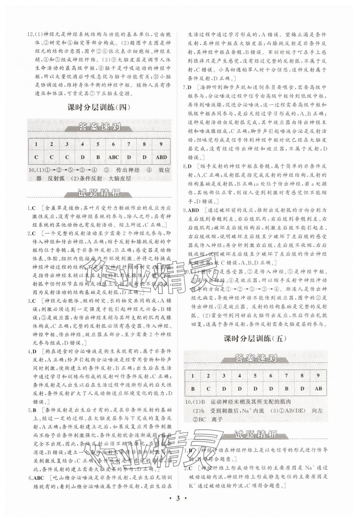 2025年同步練習冊分層檢測卷高中生物選擇性必修1人教版 參考答案第3頁