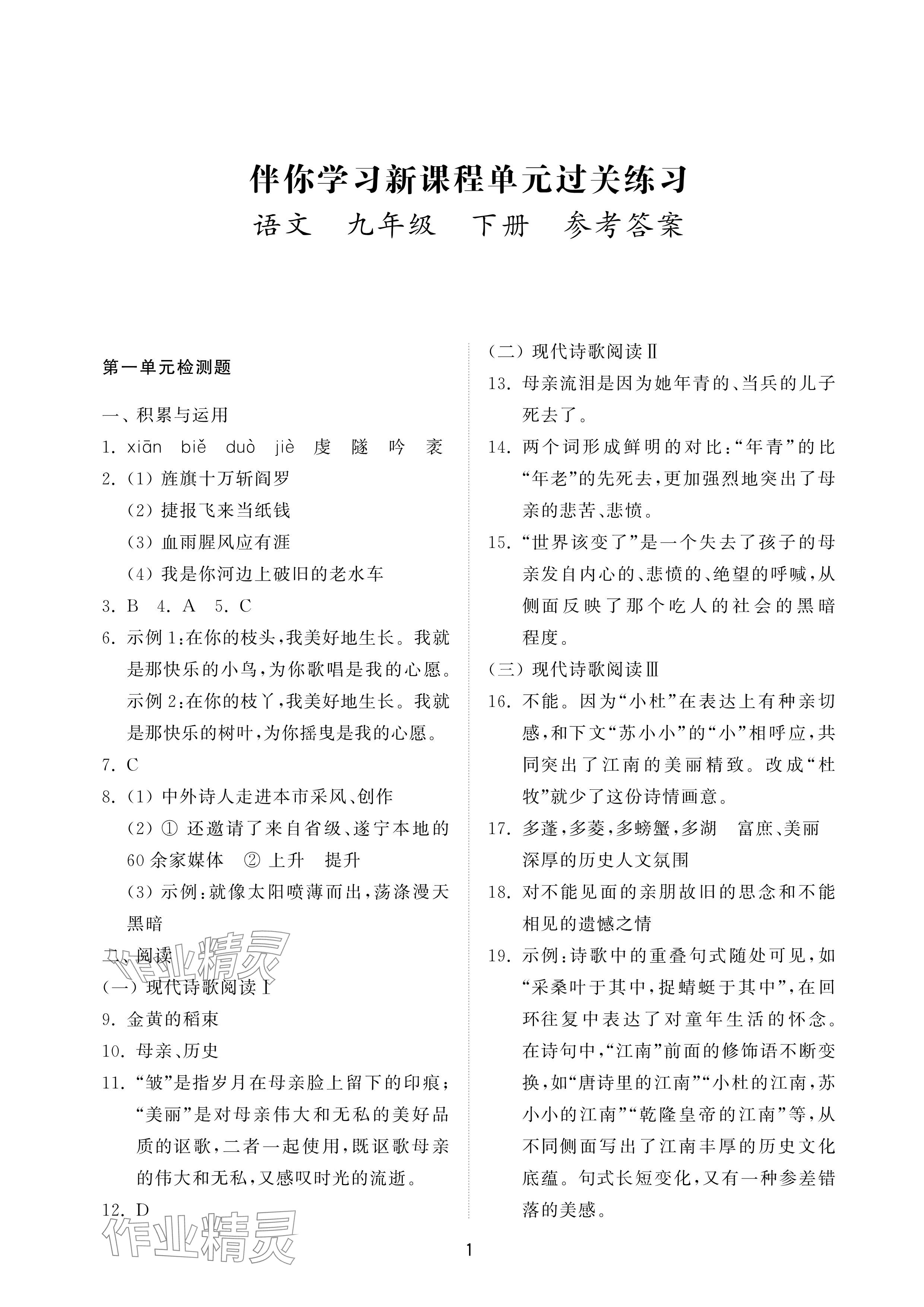 2025年同步練習冊配套檢測卷九年級語文下冊人教版煙臺專版54制 參考答案第1頁