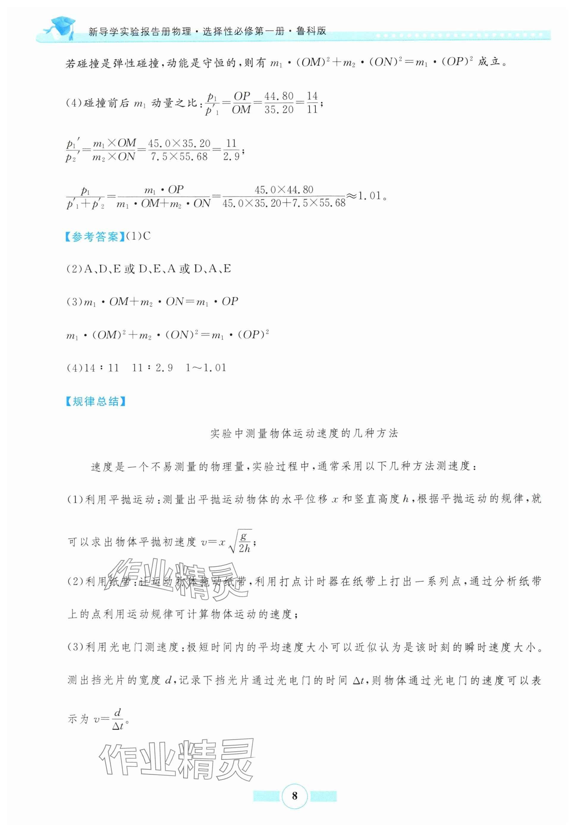 2024年新导学实验报告册物理选择性必修第一册鲁科版&nbsp;参考答案第8页