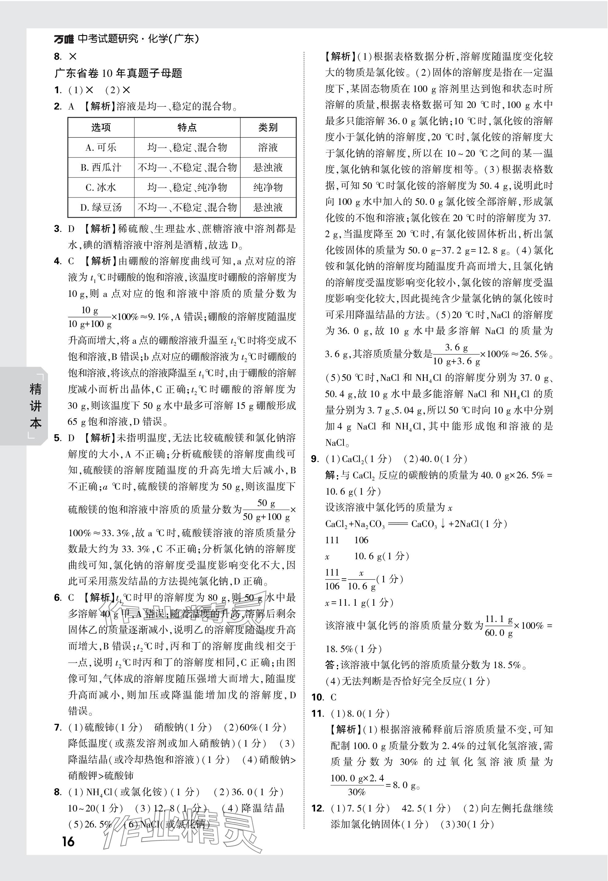 2024年万唯中考试题研究化学广东专版 参考答案第16页