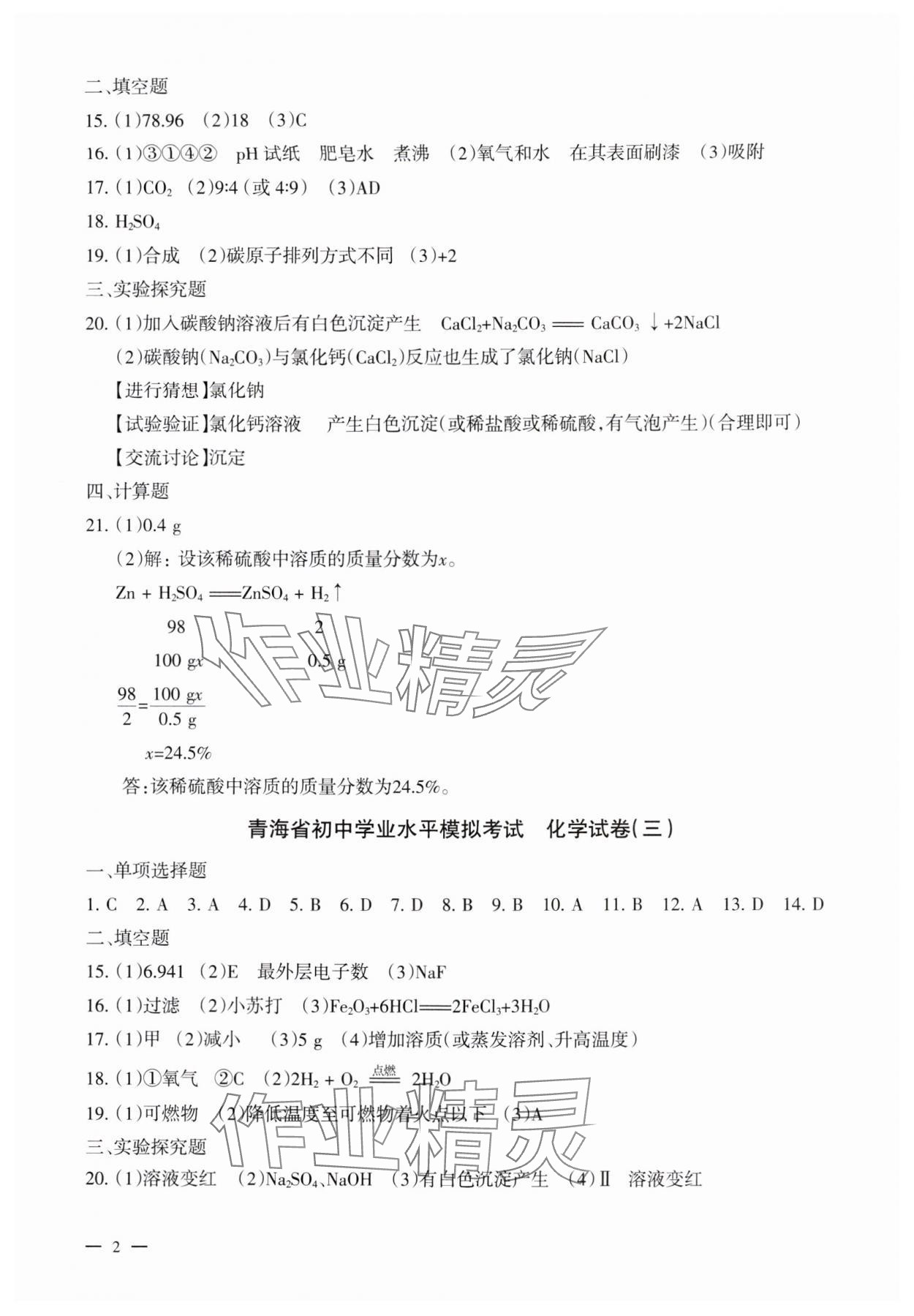 2025年青海省初中學業水平考試模擬試卷化學 第2頁