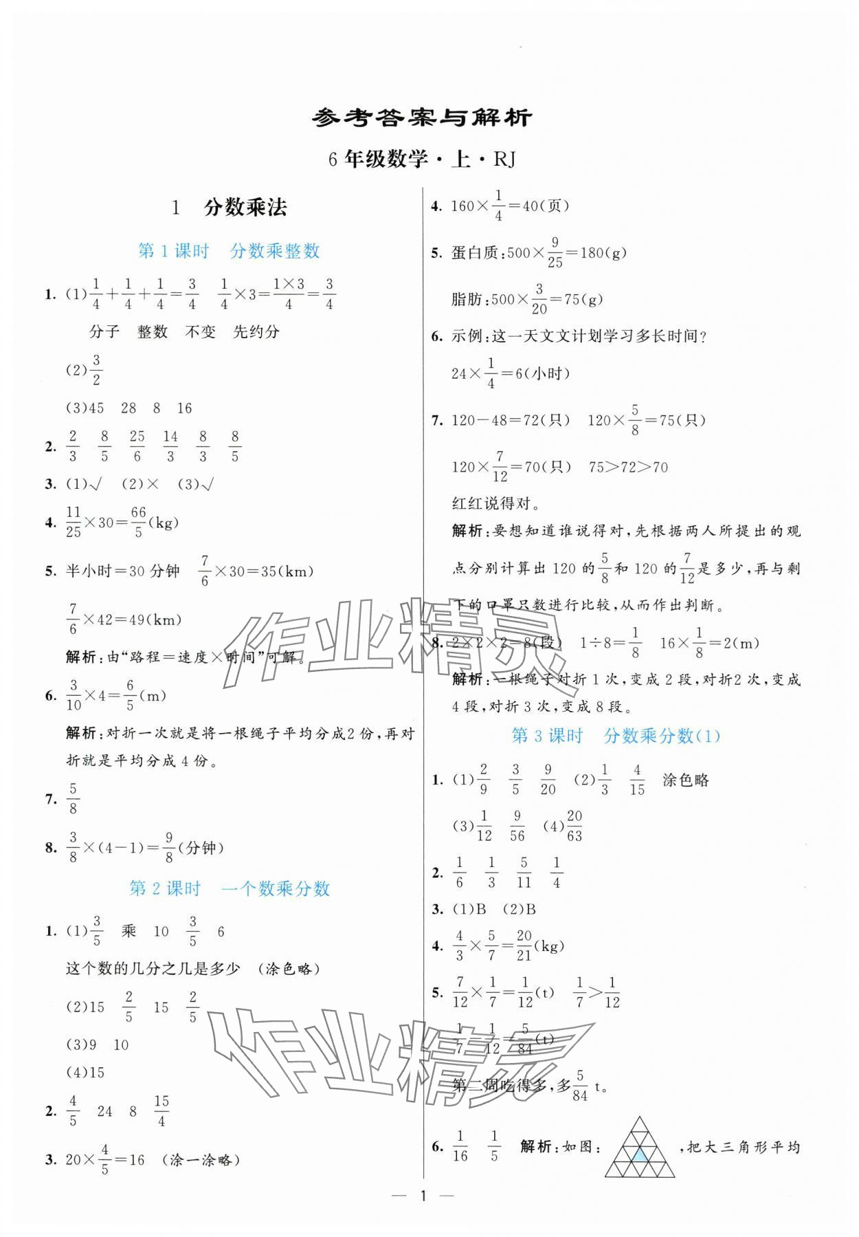 2025年亮点激活提优天天练六年级数学上册人教版 参考答案第1页