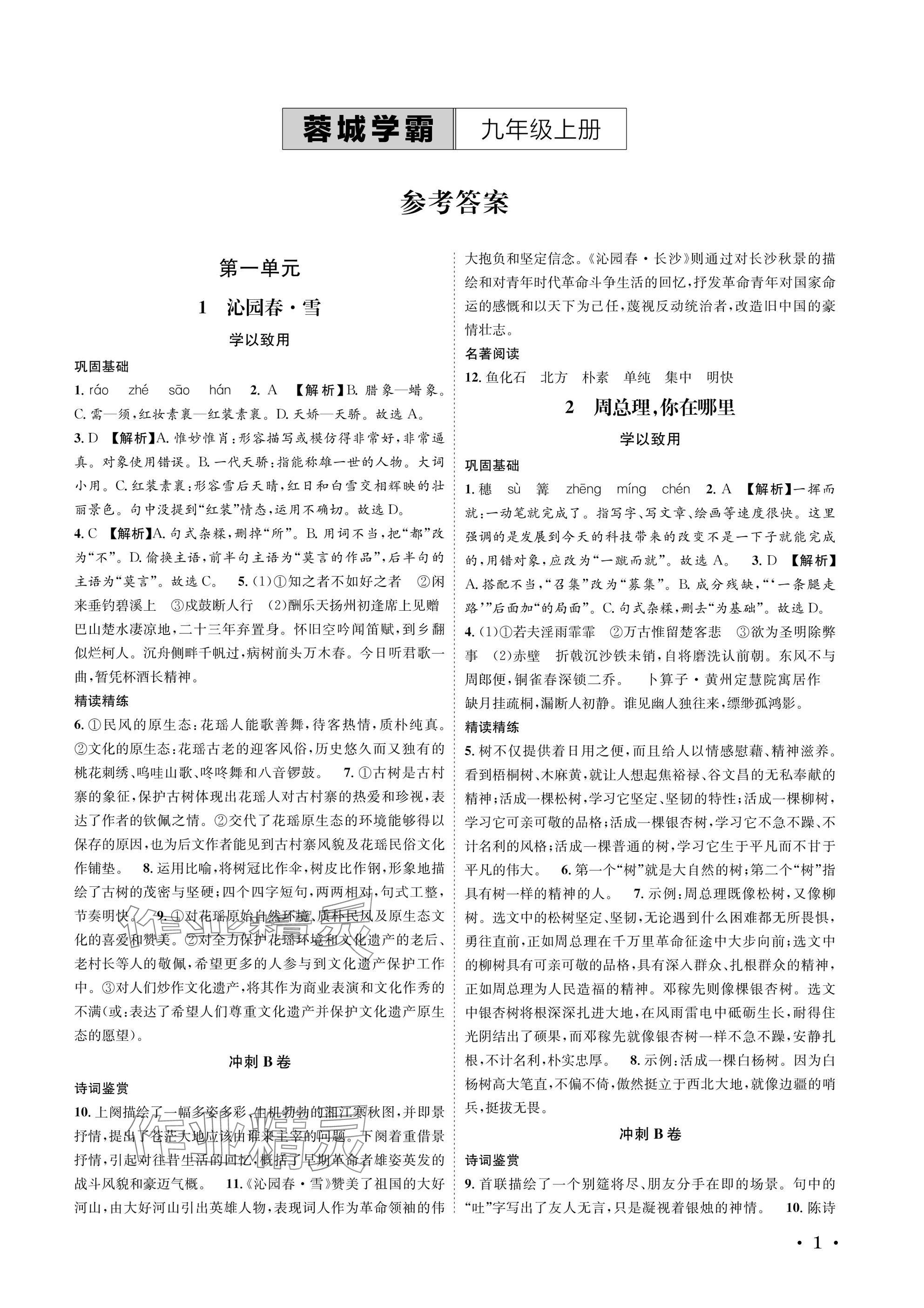 2025年蓉城学霸九年级语文上册人教版 参考答案第1页