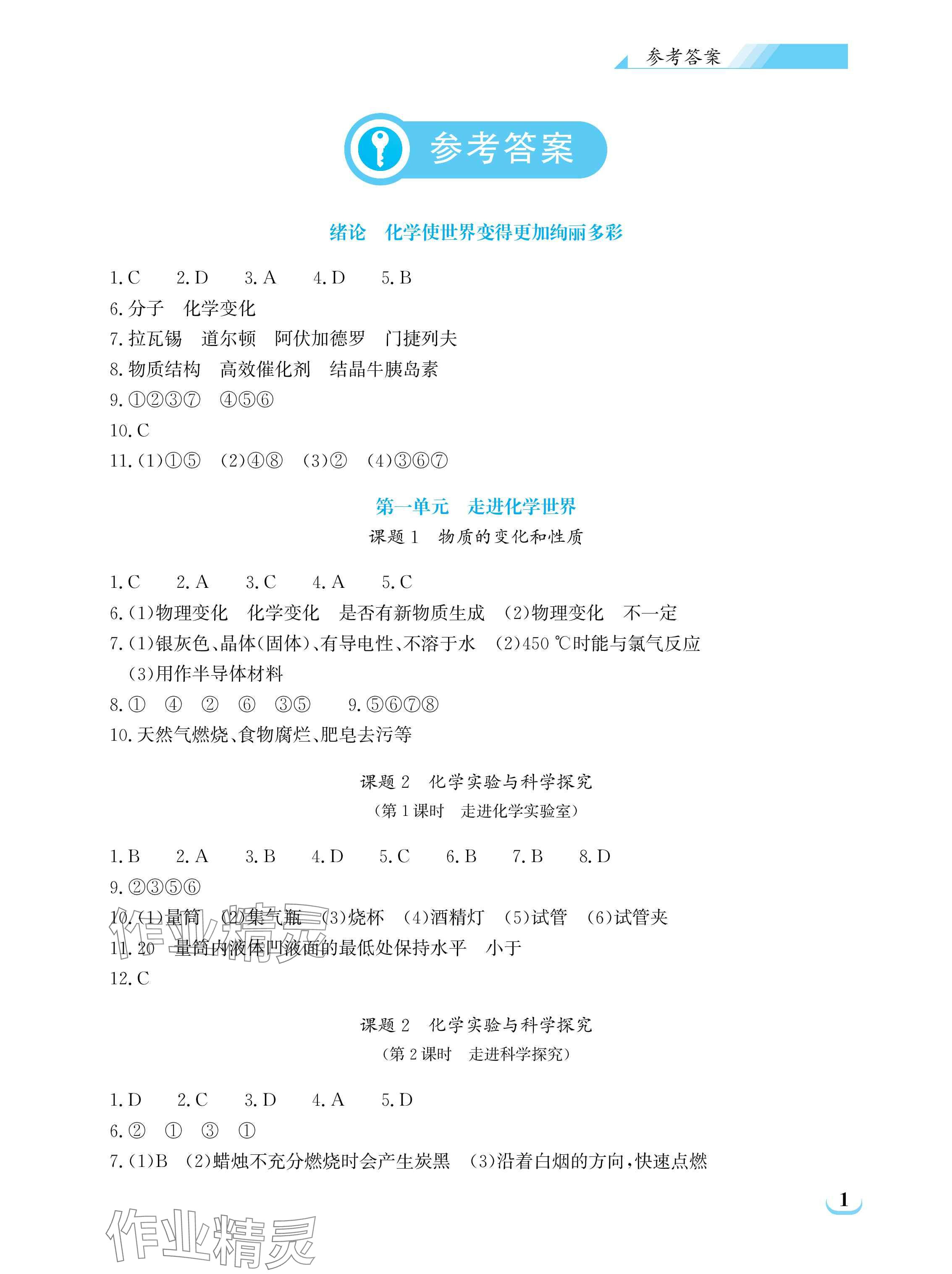 2025年长江作业本同步练习册九年级化学上册人教版 参考答案第1页