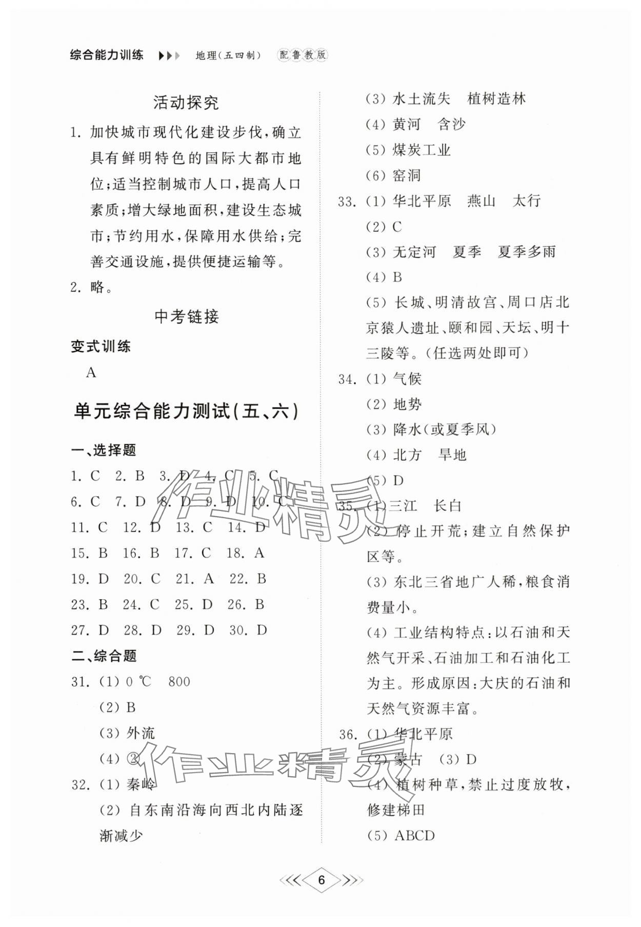 2025年綜合能力訓(xùn)練七年級地理下冊魯教版54制 參考答案第6頁