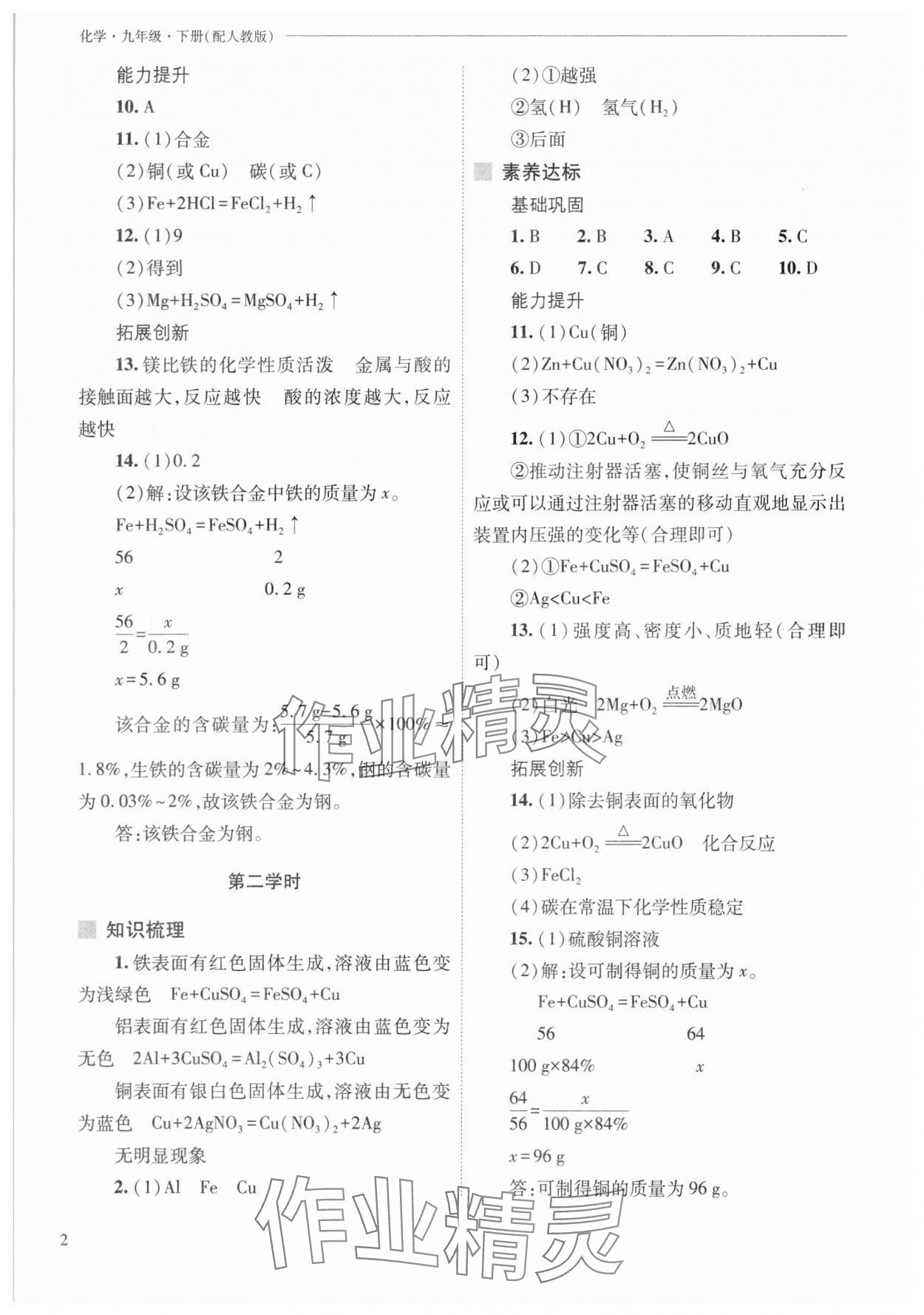2025年新課程問題解決導學方案九年級化學下冊人教版 參考答案第2頁
