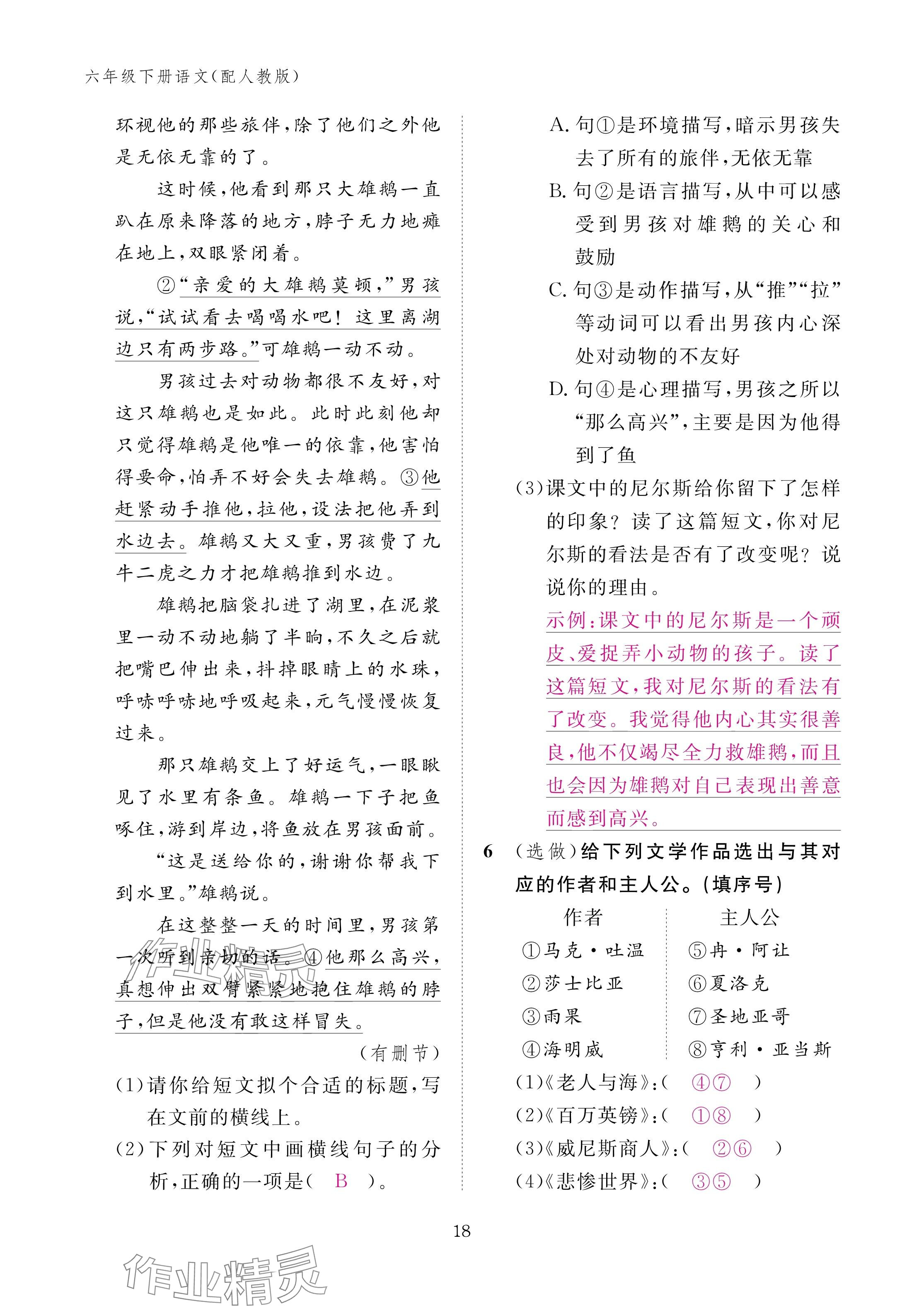 2025年作業(yè)本江西教育出版社六年級語文下冊人教版 參考答案第18頁