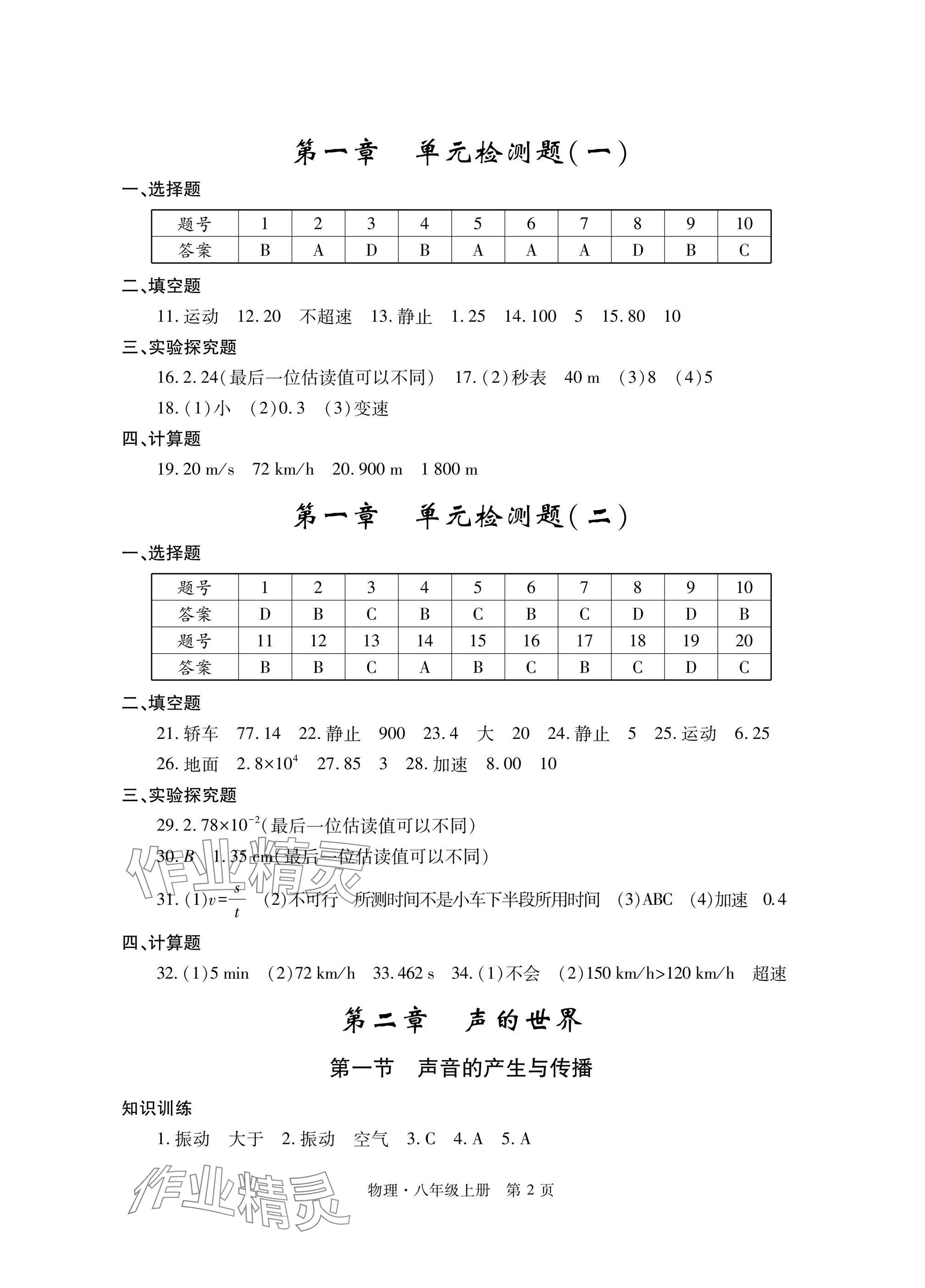 2024年自主學習指導課程與測試八年級物理上冊滬科版 參考答案第2頁