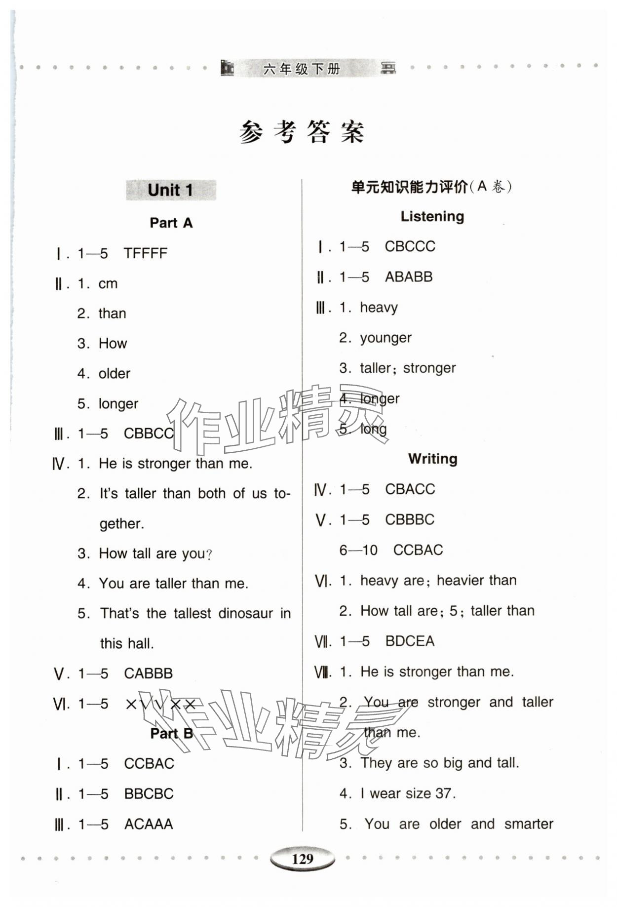 2024年智慧學(xué)習(xí)六年級英語下冊人教版青島出版社 參考答案第1頁