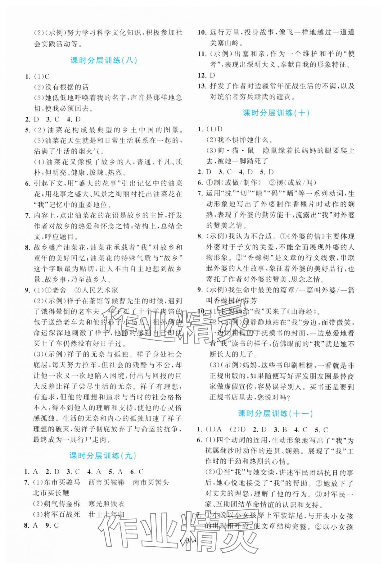 2025年同步練習(xí)冊(cè)分層卷七年級(jí)語文下冊(cè)人教版陜西專版 參考答案第3頁