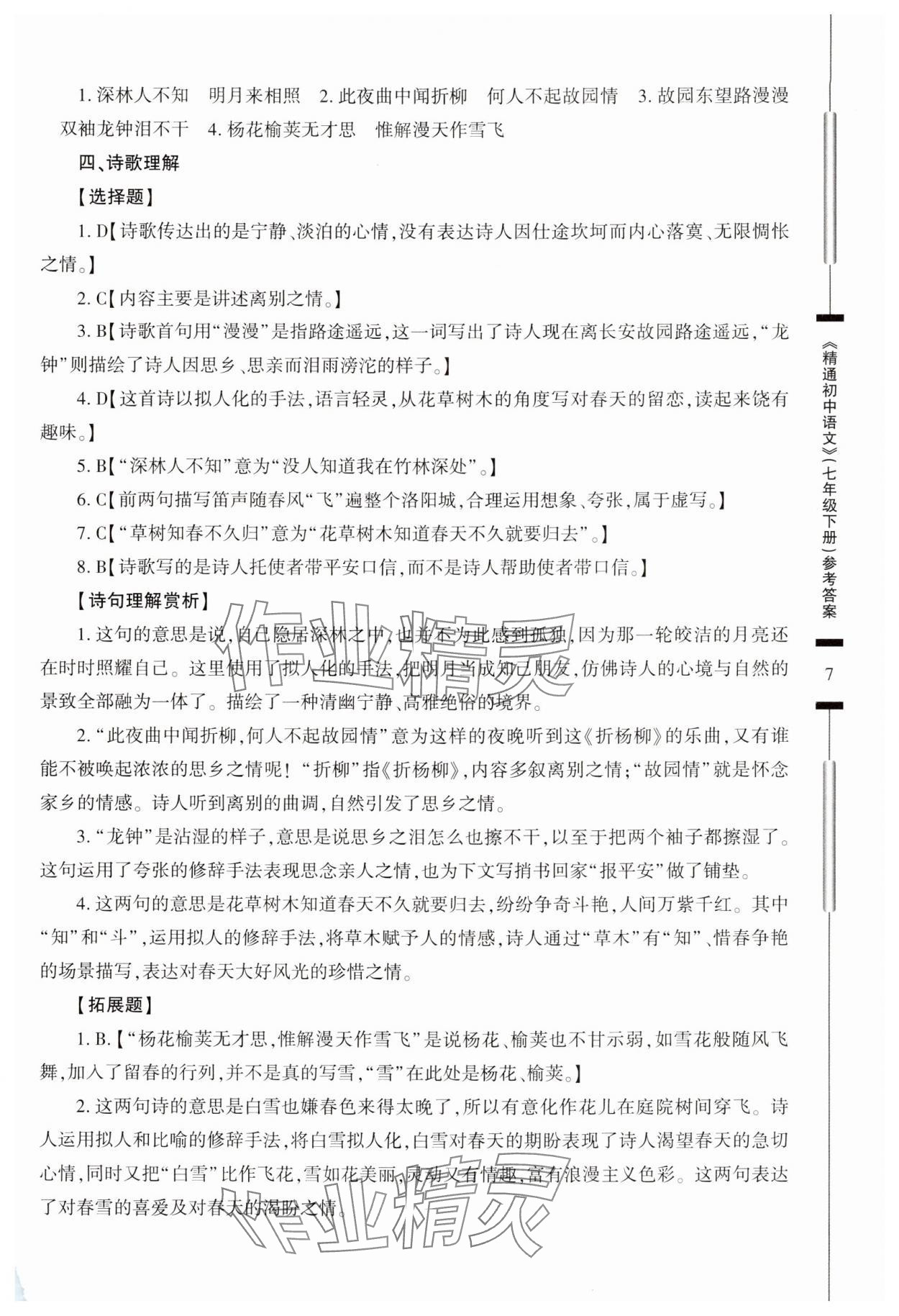 2024年精通中考語文七年級(jí)下冊(cè) 參考答案第7頁