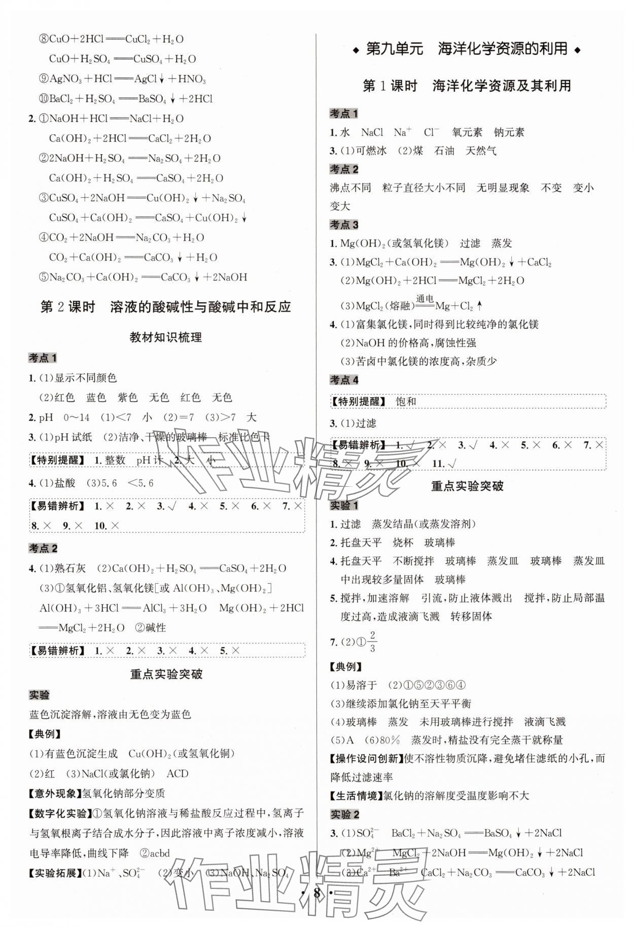 2025年中考對(duì)策化學(xué)魯教版 參考答案第8頁