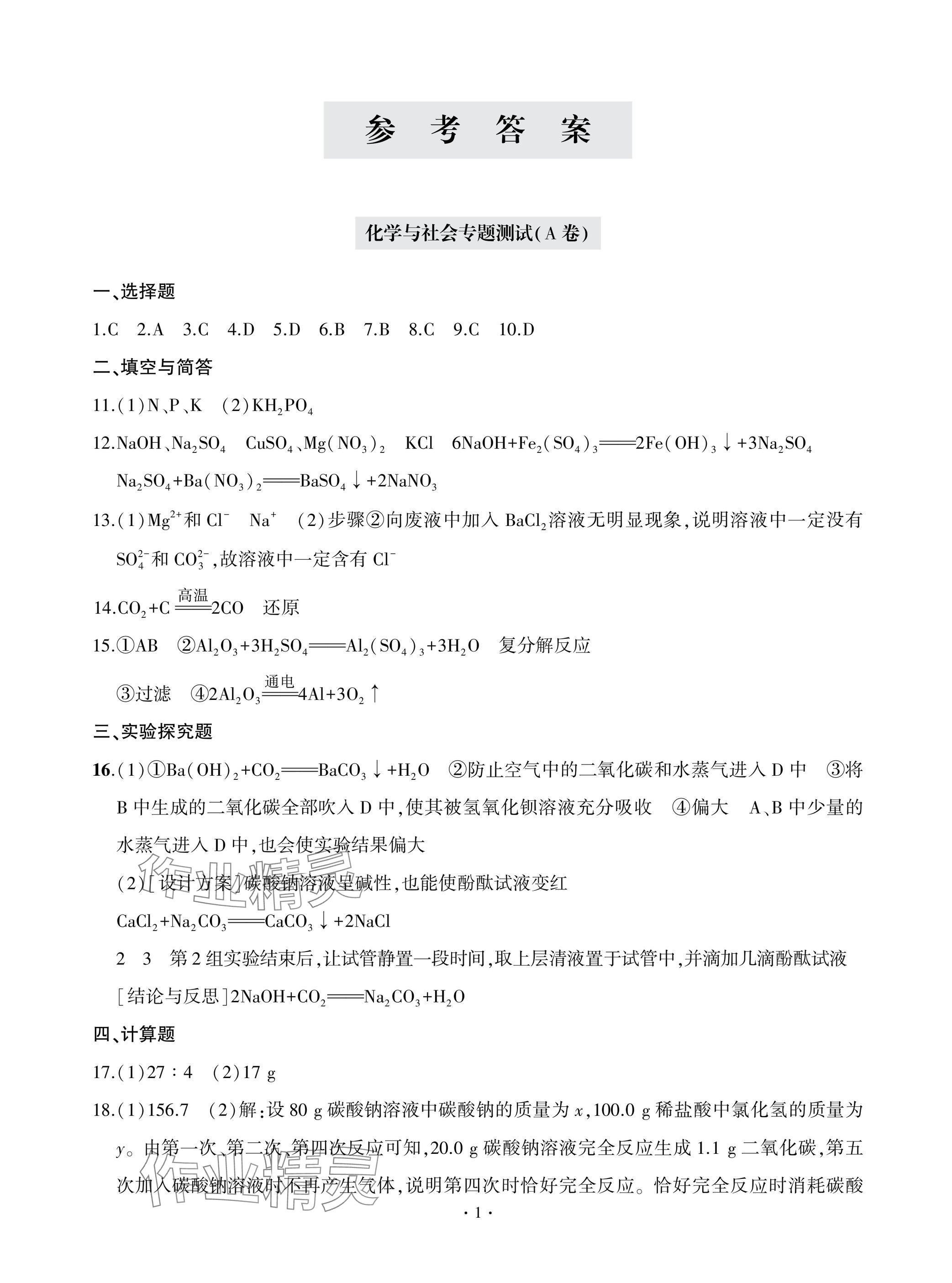 2025年单元自测试卷青岛出版社九年级化学下册人教版 参考答案第1页