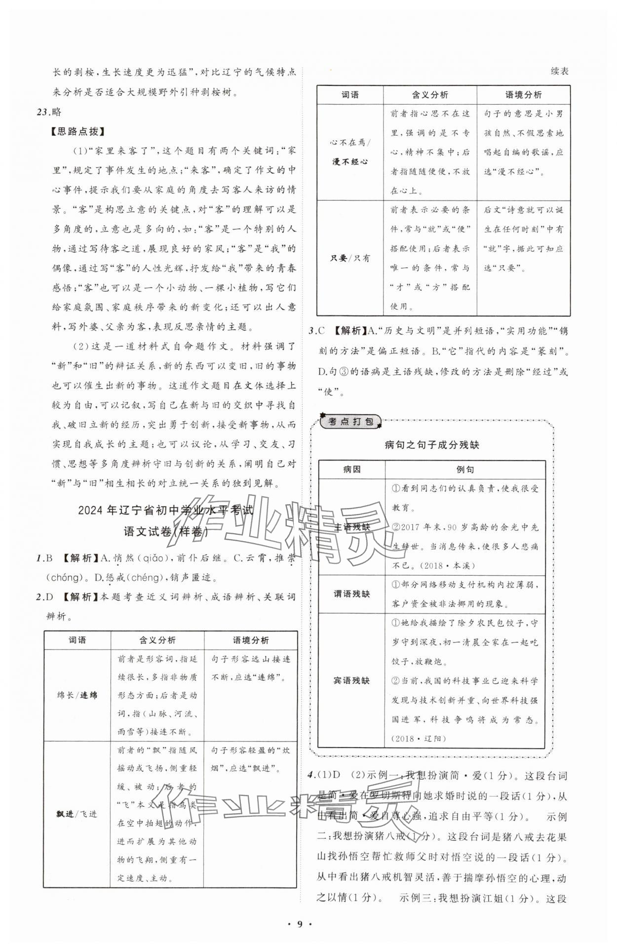 2025年中考必備遼寧師范大學出版社語文遼寧專版 參考答案第9頁