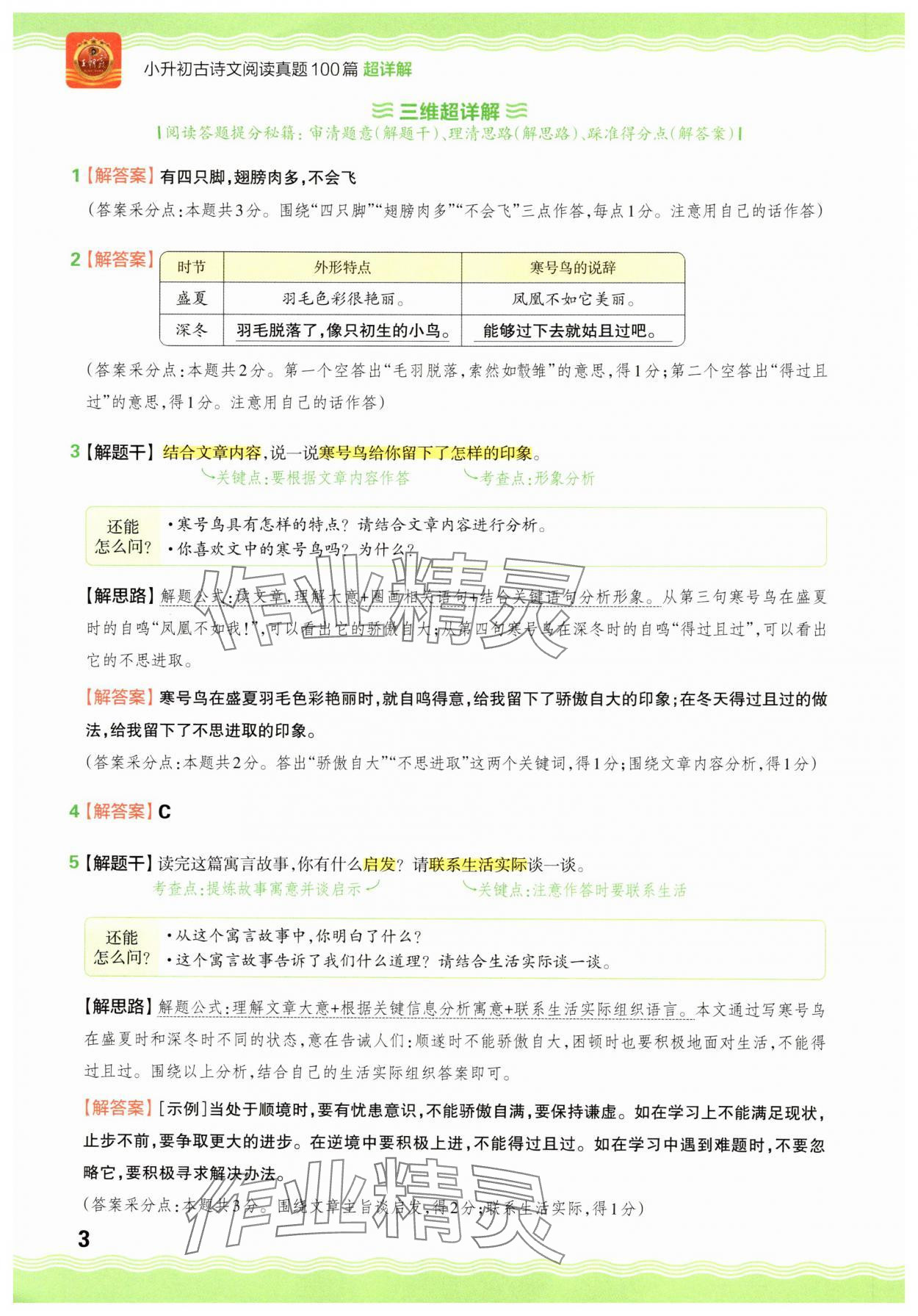 2025年小升初古詩文閱讀真題100篇超詳解語文 參考答案第3頁