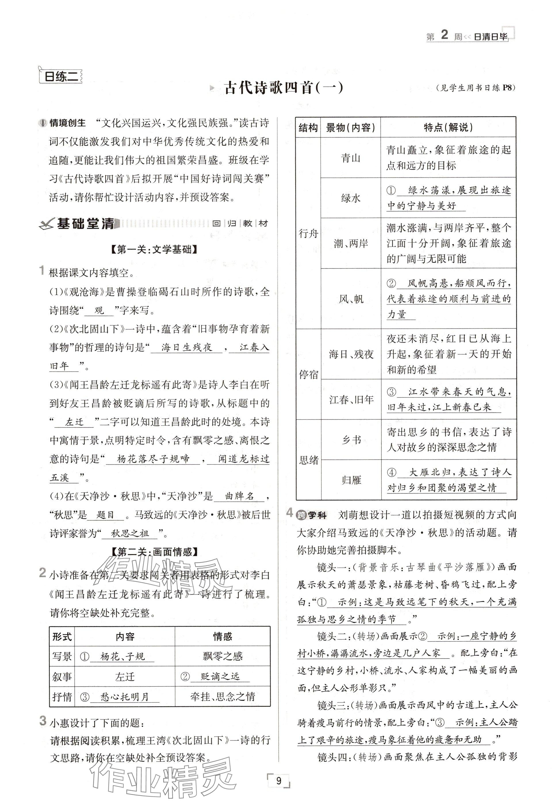 2024年日清周練七年級語文上冊人教版 參考答案第9頁