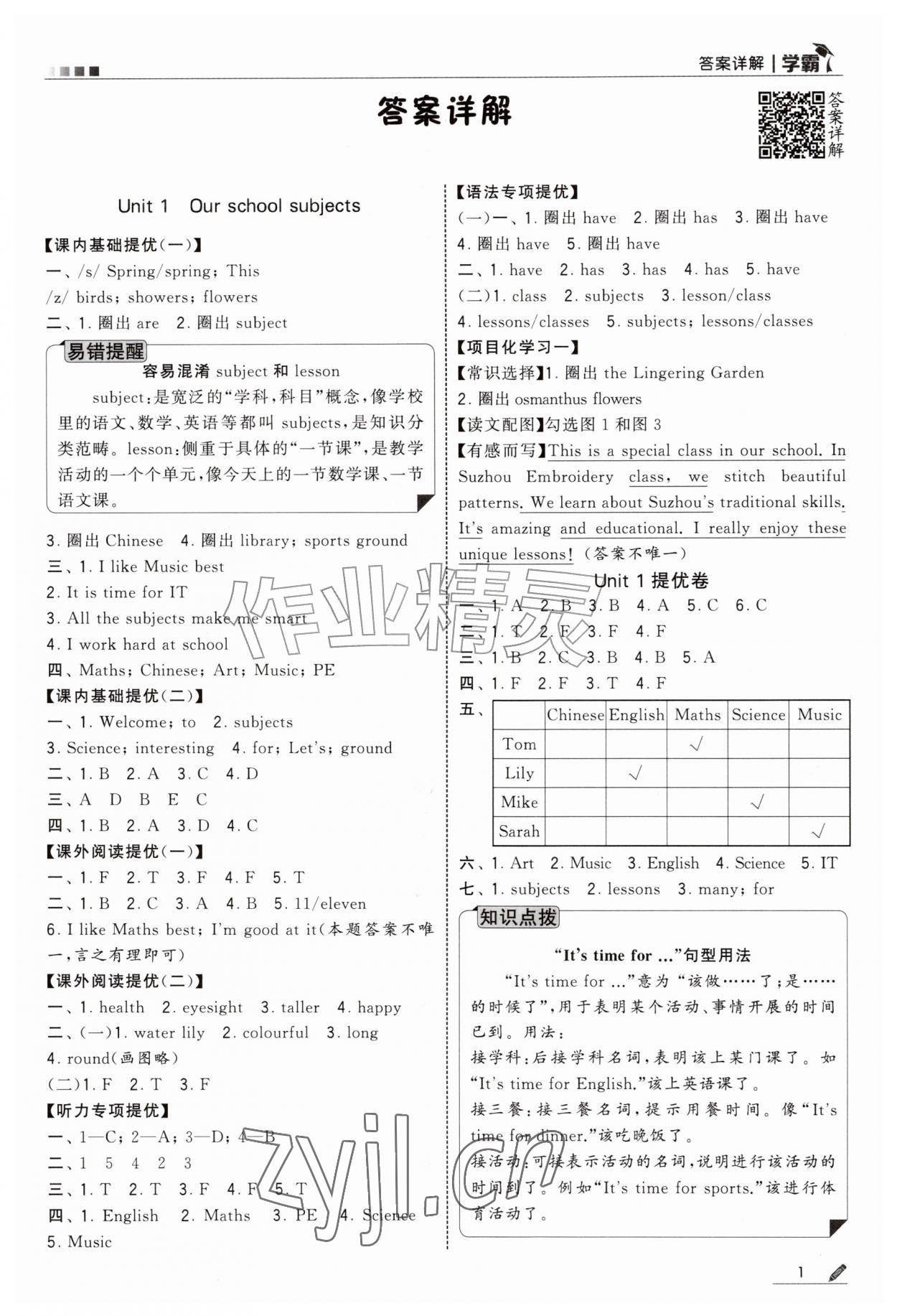 2026年经纶学典5星学霸四年级英语上册译林版&nbsp;参考答案第1页