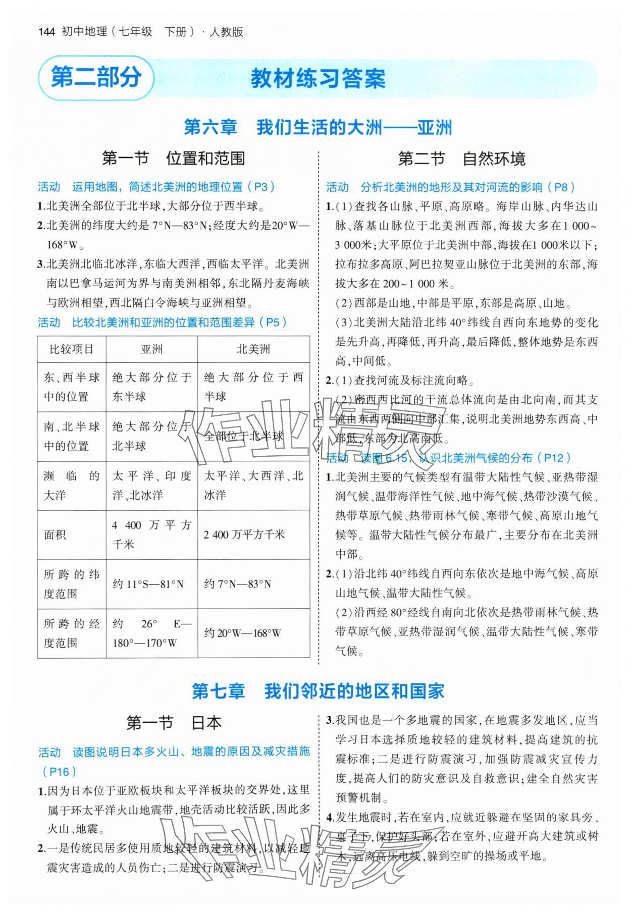 2024年教材课本七年级地理下册人教版 参考答案第1页