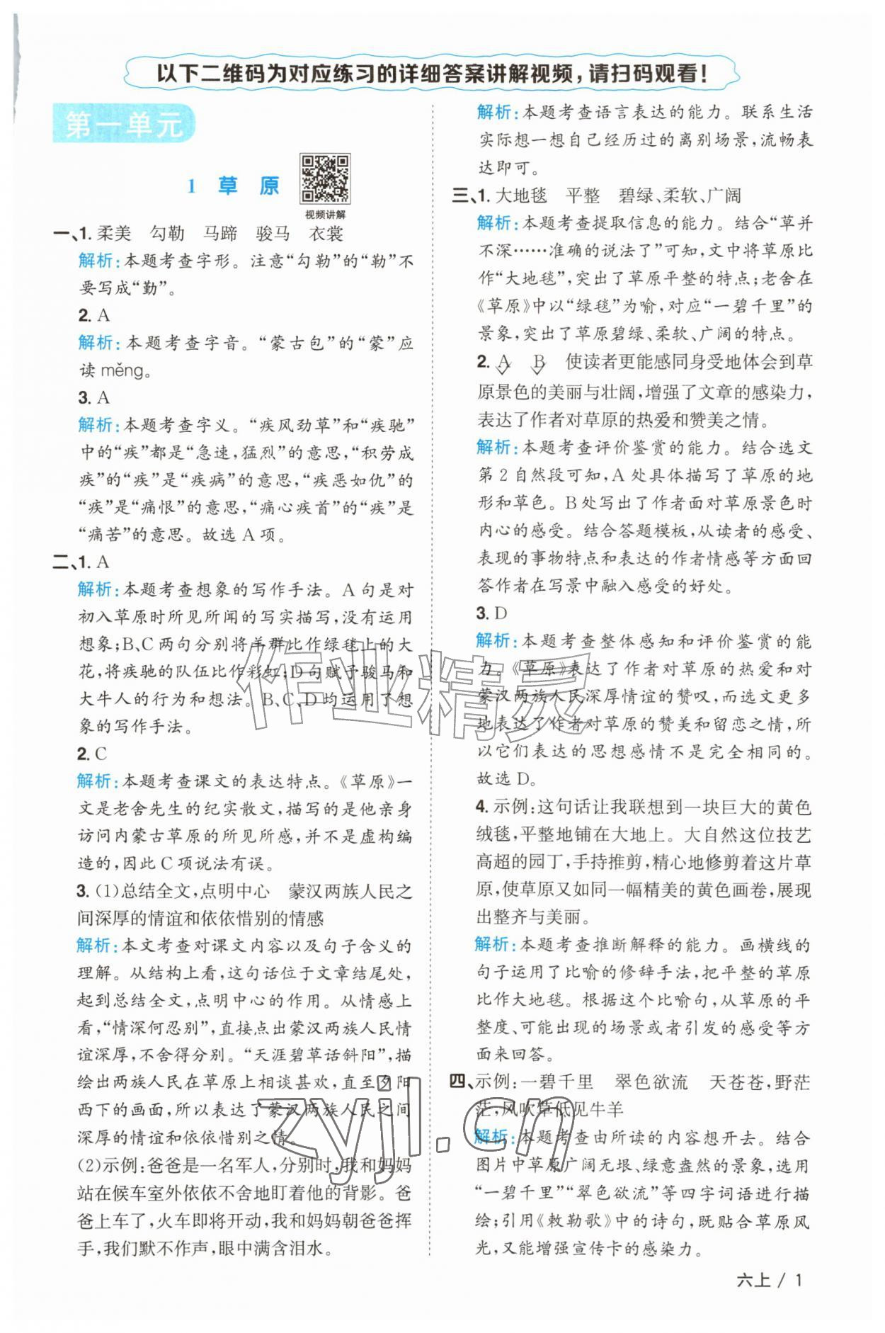 2026年阳光同学课时优化作业六年级语文上册人教版江苏专版&nbsp;参考答案第1页