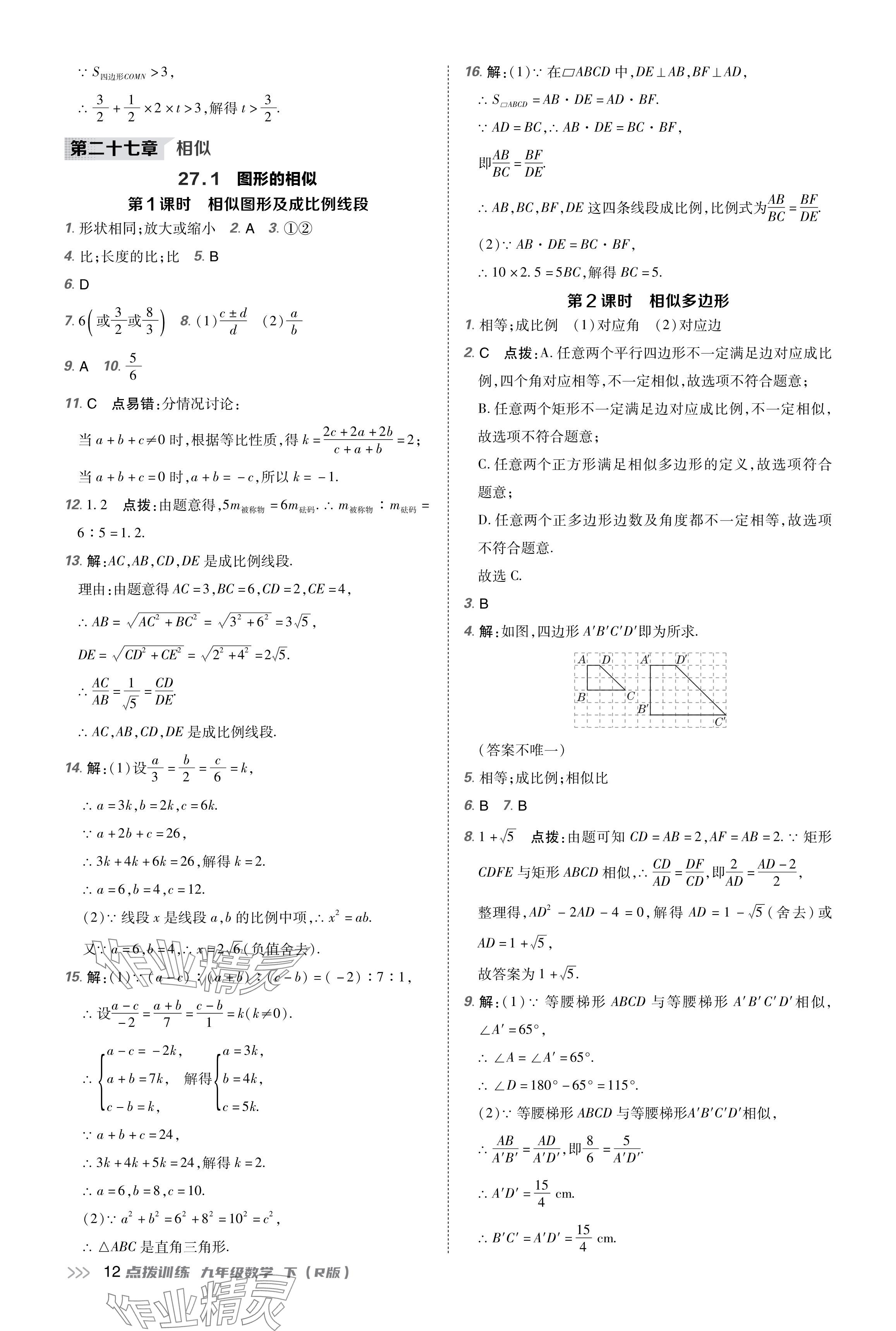 2024年點(diǎn)撥訓(xùn)練九年級(jí)數(shù)學(xué)下冊(cè)人教版 參考答案第12頁