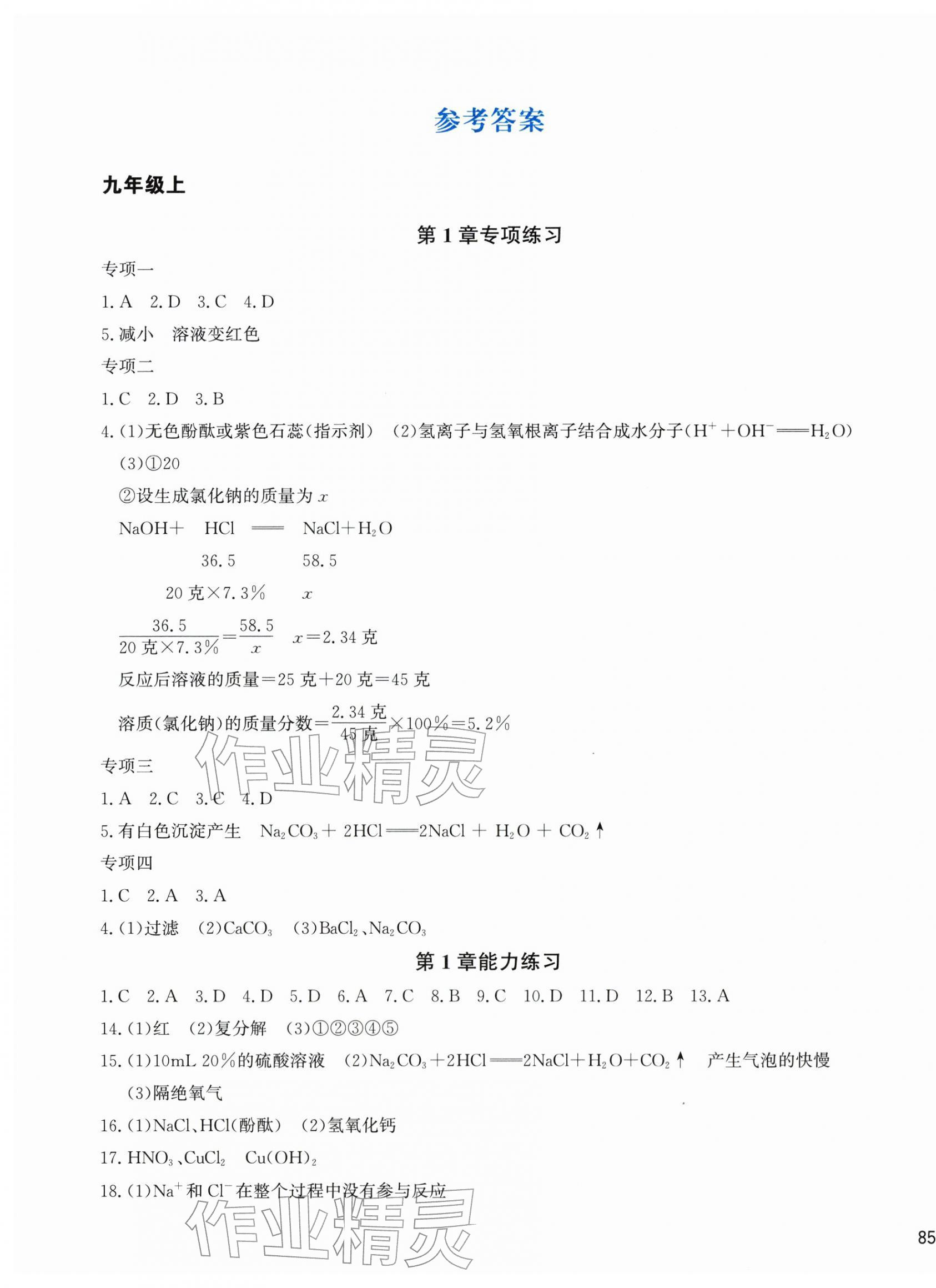2025年新编单元能力训练九年级科学全一册浙教版 参考答案第1页