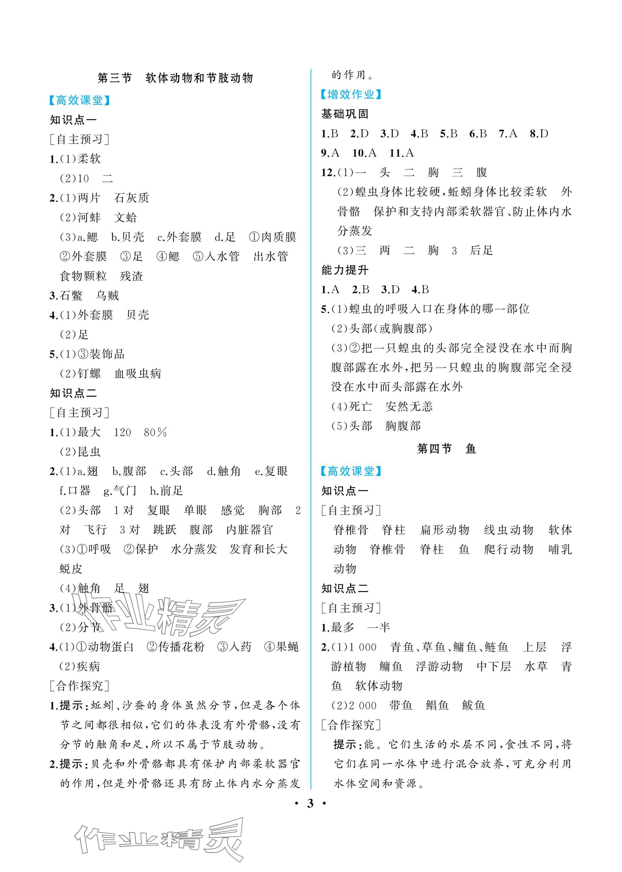2024年人教金学典同步解析与测评八年级生物上册人教版重庆专版 参考答案第3页