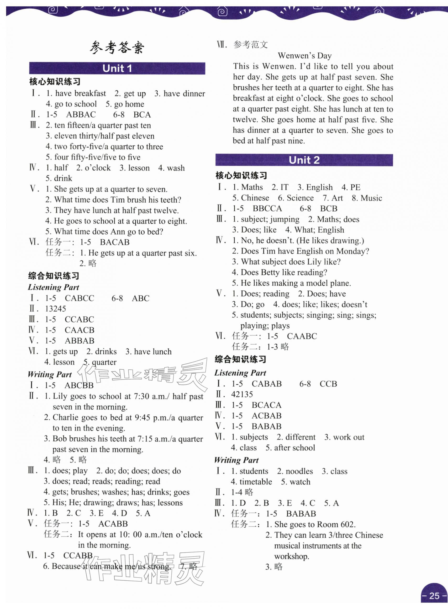 2026年深圳市小学英语课堂跟踪四年级下册沪教版&nbsp;参考答案第1页