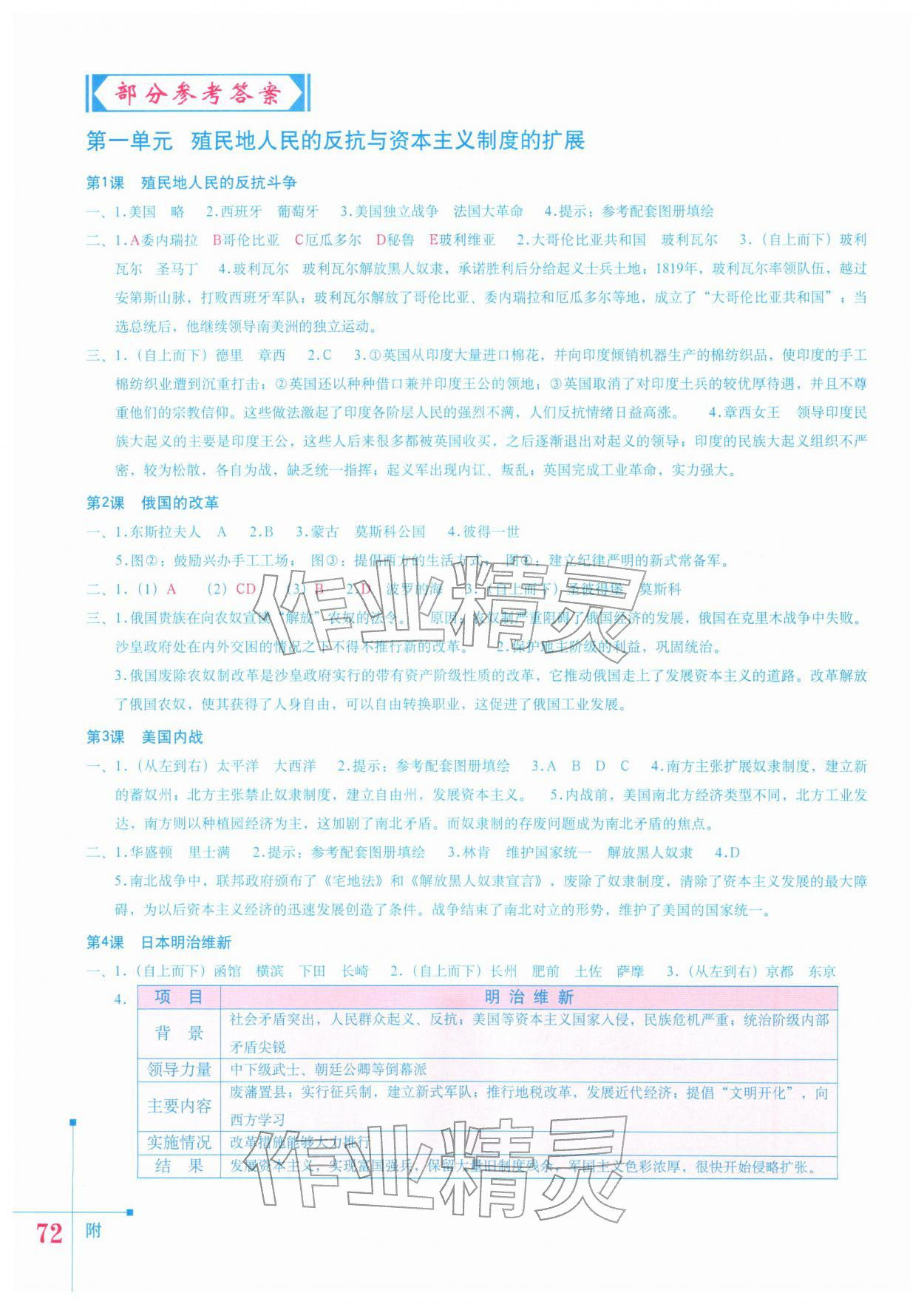 2026年中国历史填充图册九年级下册人教版星球地图出版社&nbsp;参考答案第1页