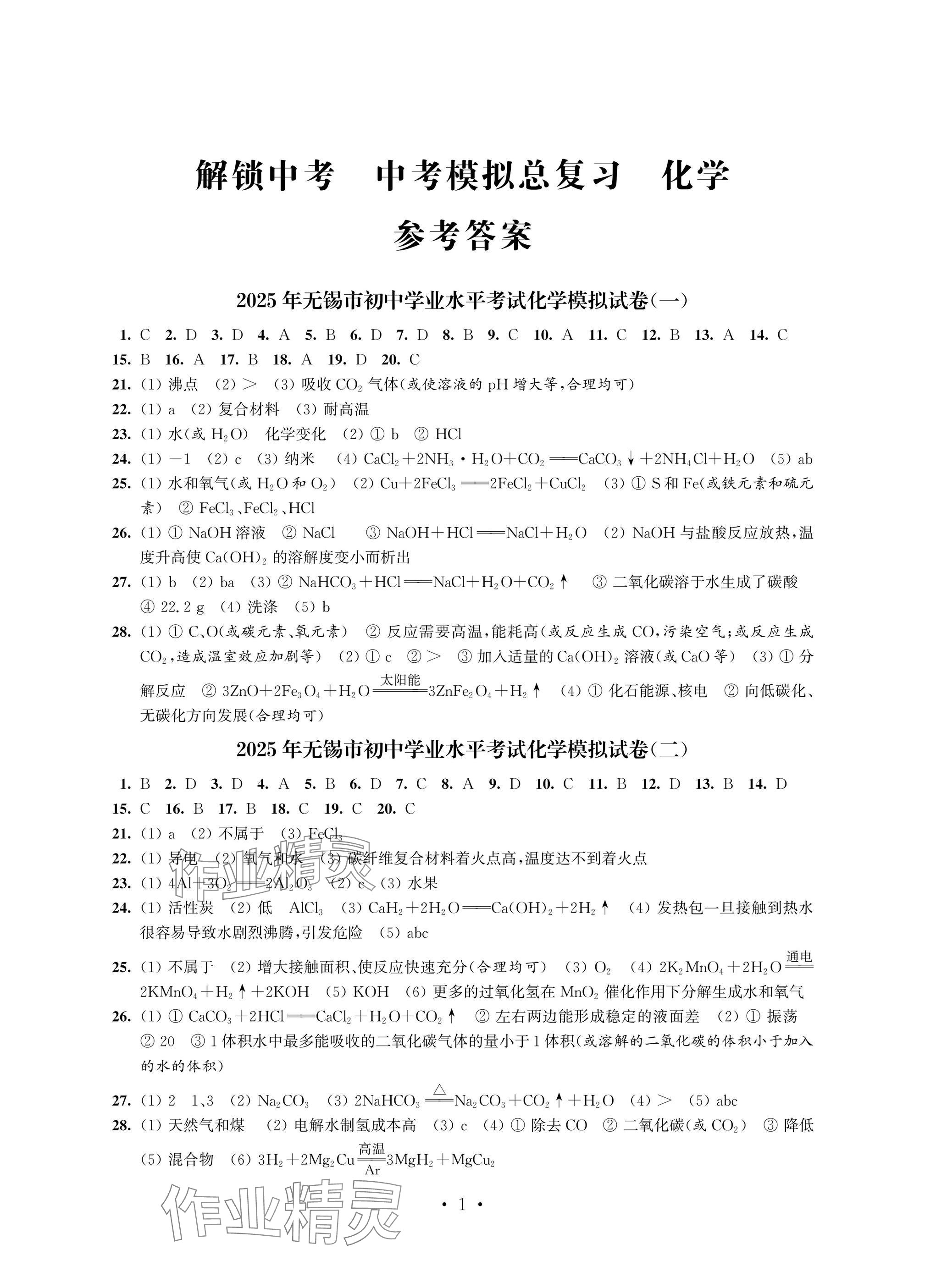 2025年多維互動提優(yōu)課堂中考模擬總復習化學 參考答案第1頁