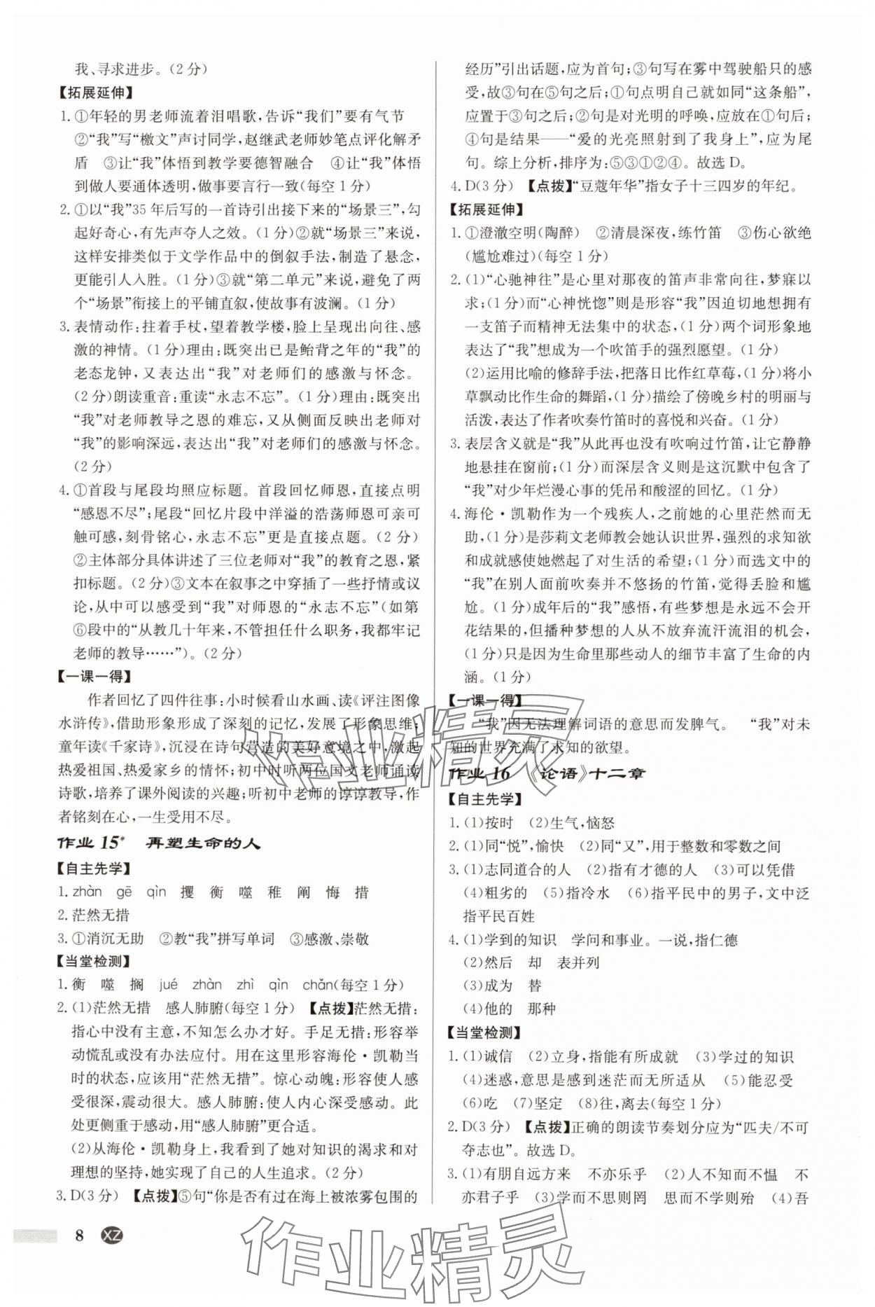 2025年启东中学作业本七年级语文上册人教版徐州专版 参考答案第8页