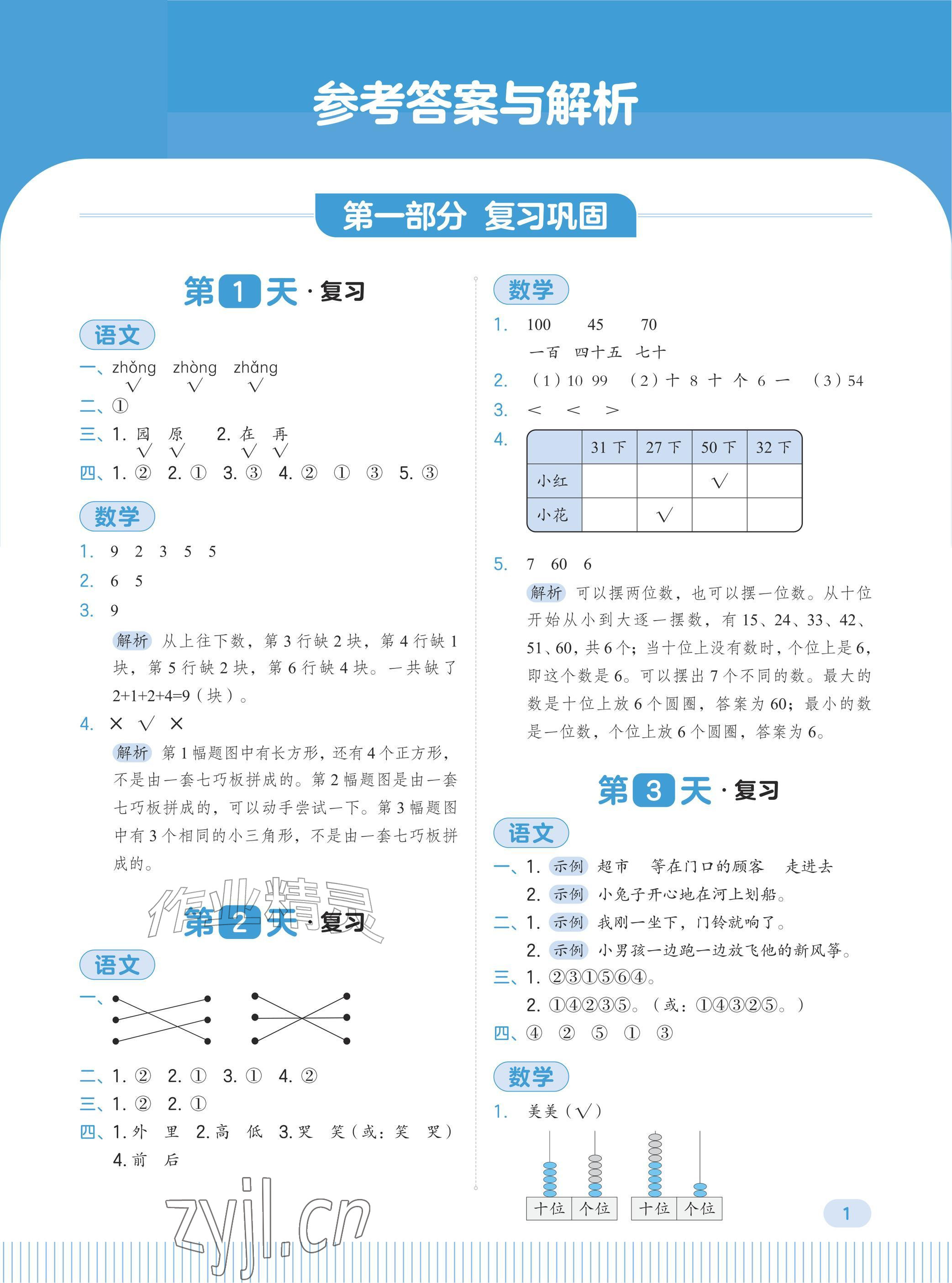 2026年暑假预复习一升二年级综合&nbsp;参考答案第1页