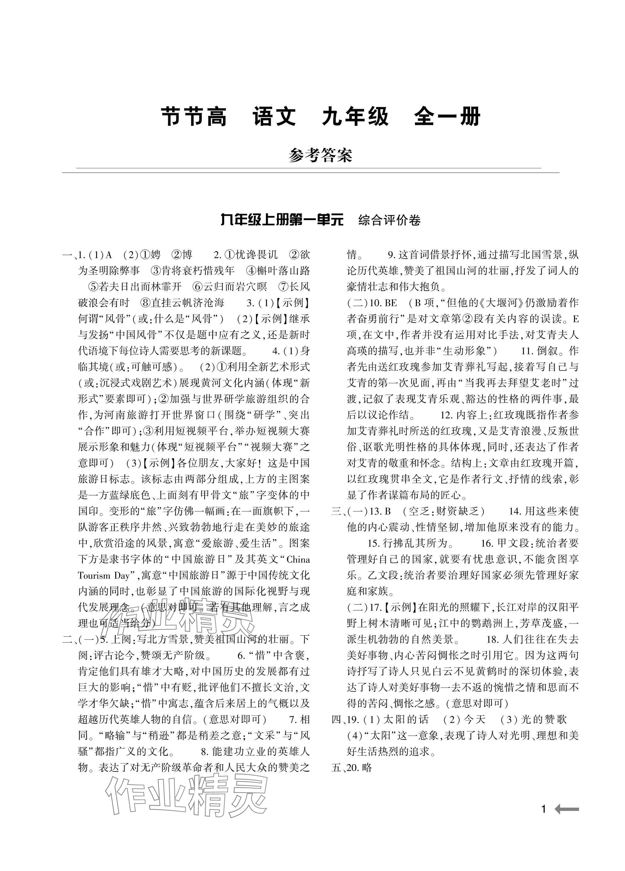 2025年节节高大象出版社九年级语文全一册人教版 参考答案第1页
