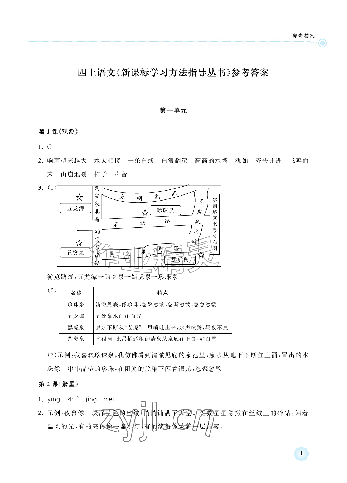 2026年新课标学习方法指导丛书四年级语文上册人教版&nbsp;参考答案第1页