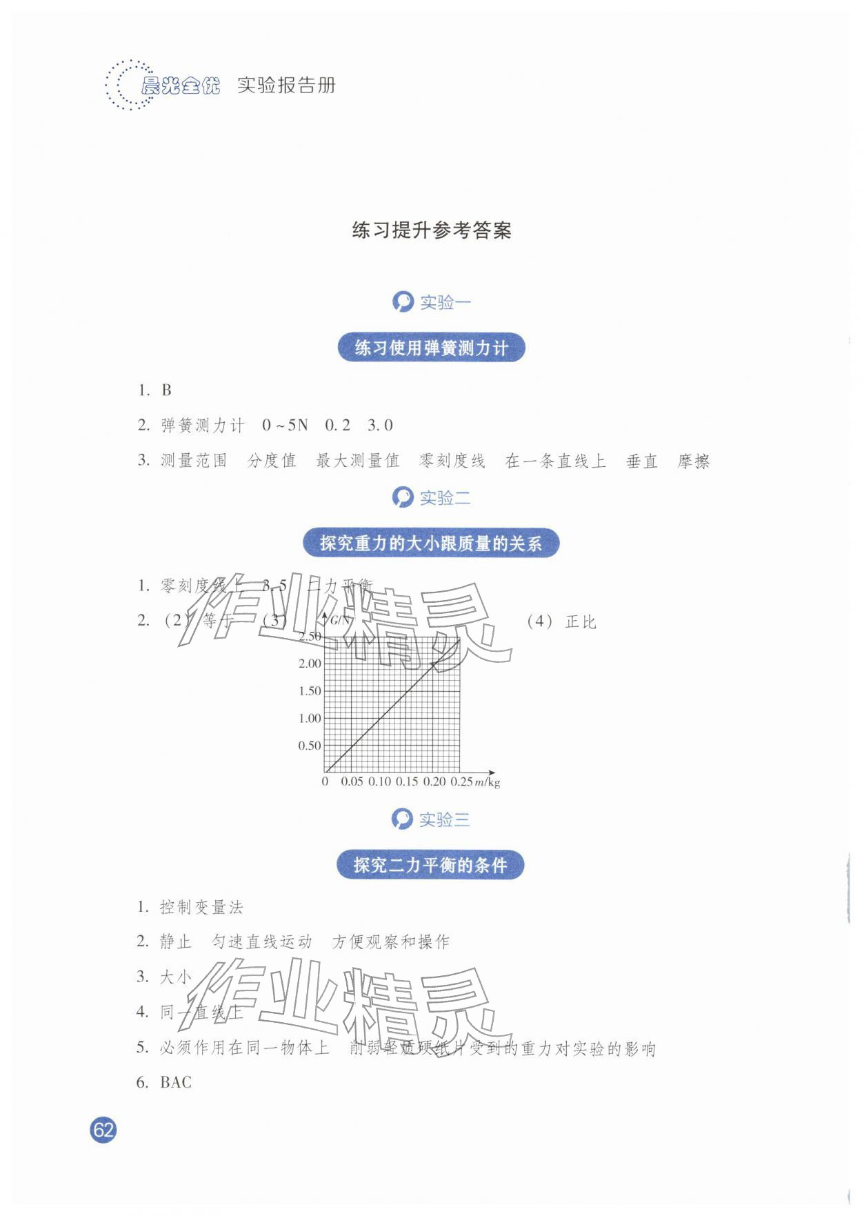 2026年晨光全优实验报告册八年级物理下册人教版&nbsp;参考答案第1页
