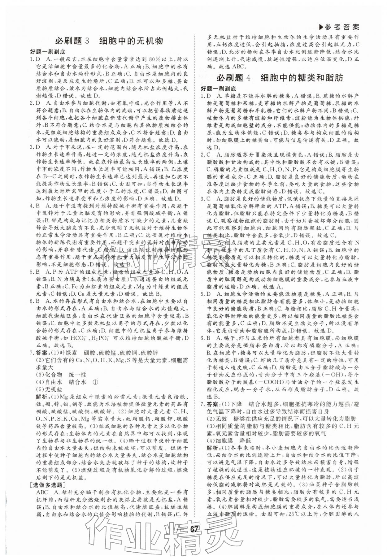 2026年优选课堂必刷题高一生物&nbsp;参考答案第2页