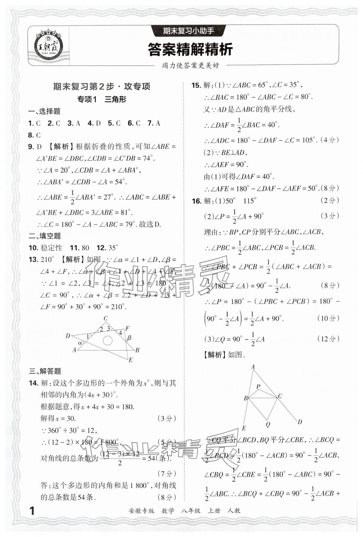 2024年王朝霞各地期末試卷精選八年級數(shù)學(xué)上冊人教版安徽專版 參考答案第1頁