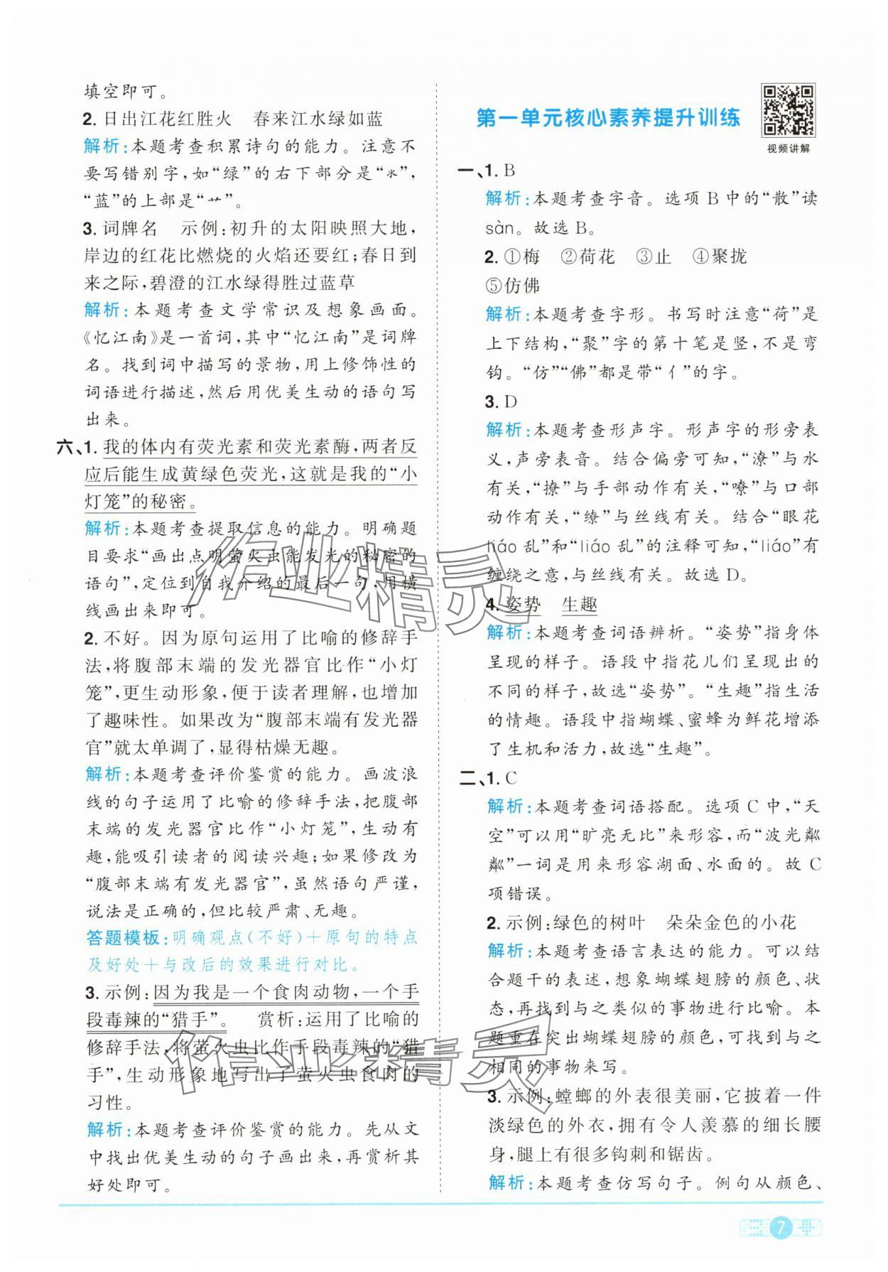 2025年陽光同學課時提優訓練三年級語文下冊人教版 參考答案第7頁