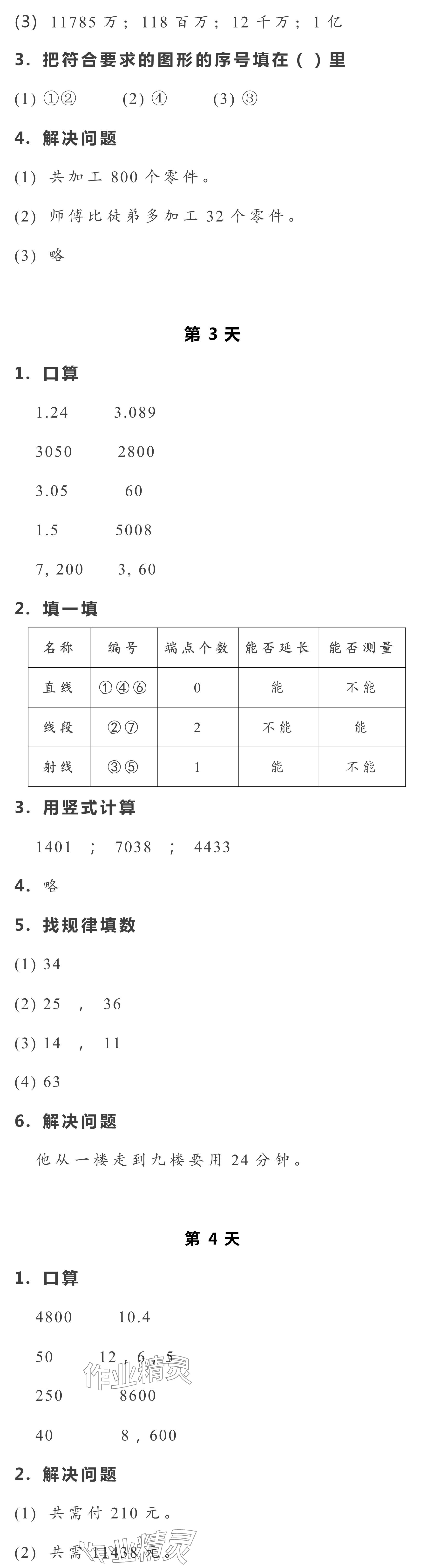 2024年暑假作业本浙江教育出版社四年级数学.科学 参考答案第2页