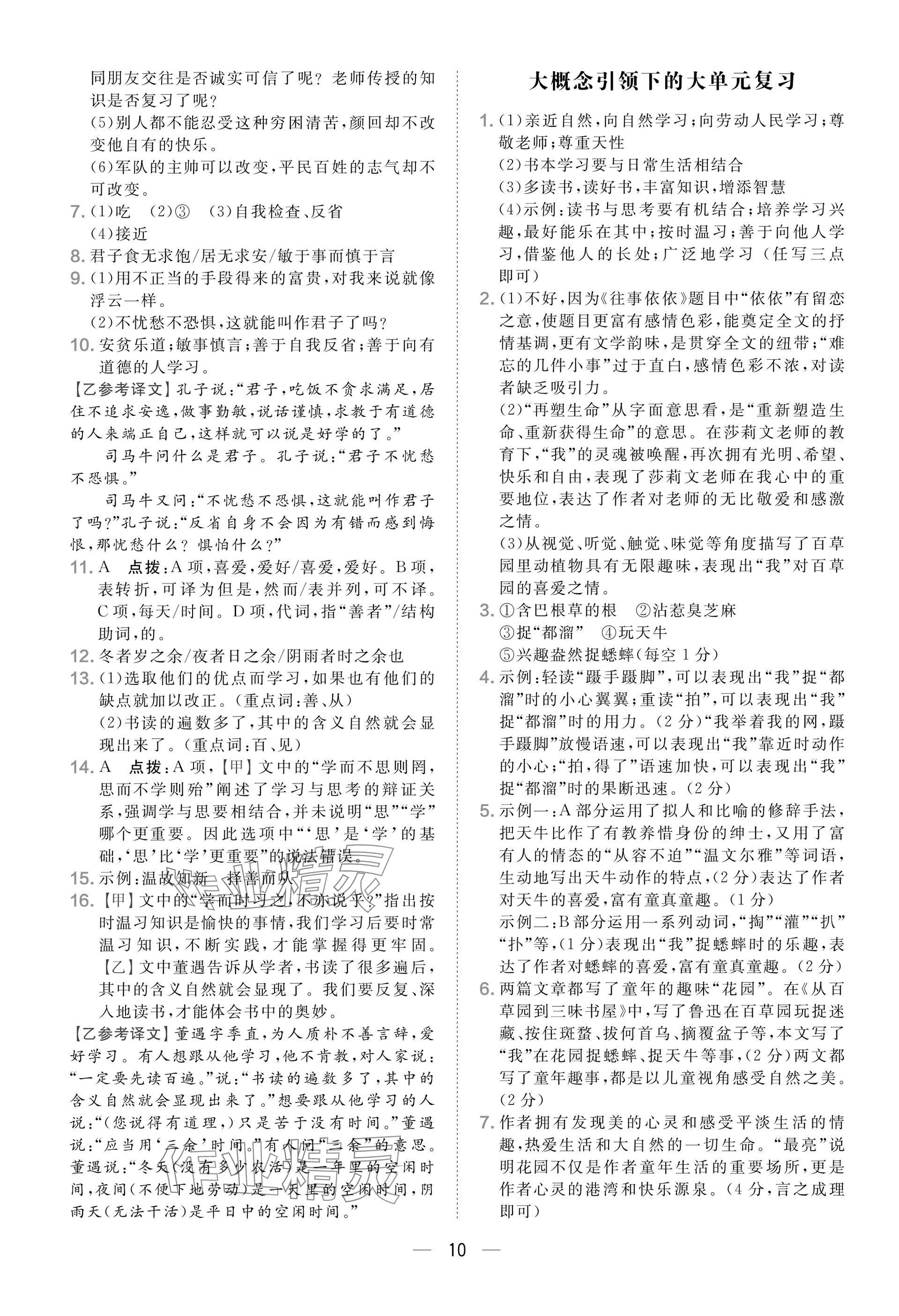 2025年點(diǎn)撥訓(xùn)練七年級(jí)語(yǔ)文上冊(cè)人教版安徽專版 參考答案第10頁(yè)