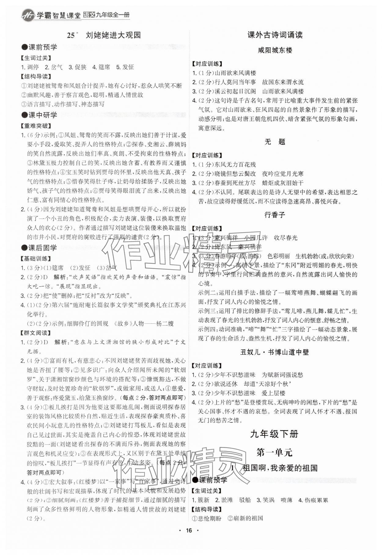 2025年學(xué)霸智慧課堂九年級語文全一冊人教版 參考答案第15頁