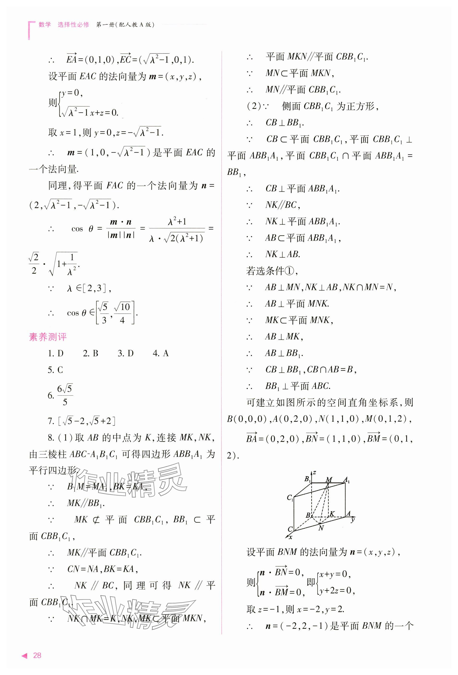 2024年普通高中新课程同步练习册高中数学选择性必修第一册人教版 参考答案第28页