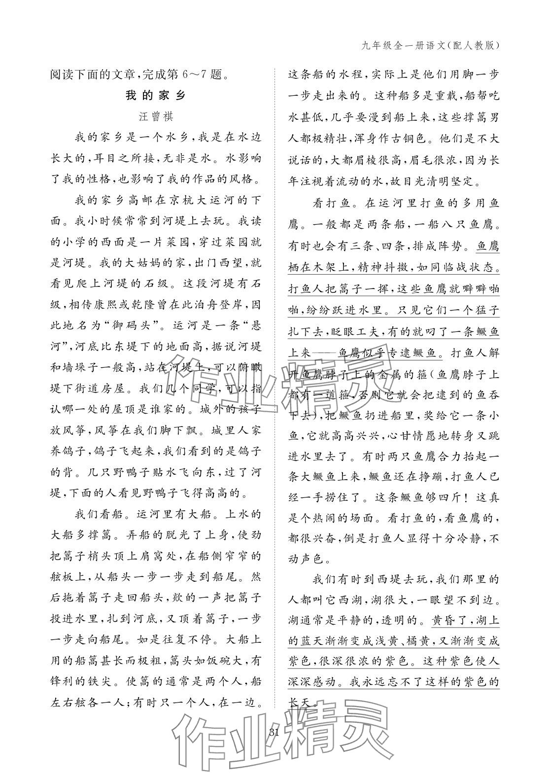 2025年作业本江西教育出版社九年级语文全一册人教版 参考答案第31页