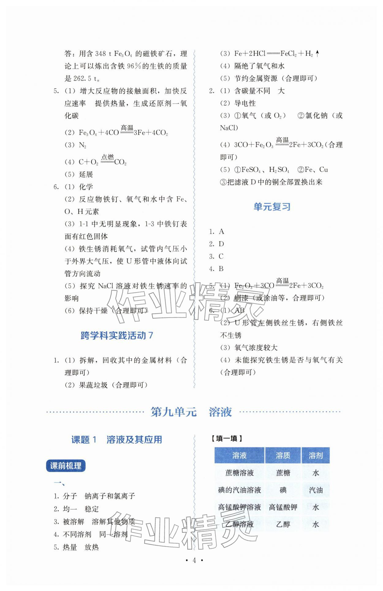 2026年人教金学典同步解析与测评九年级化学下册人教版&nbsp;参考答案第4页